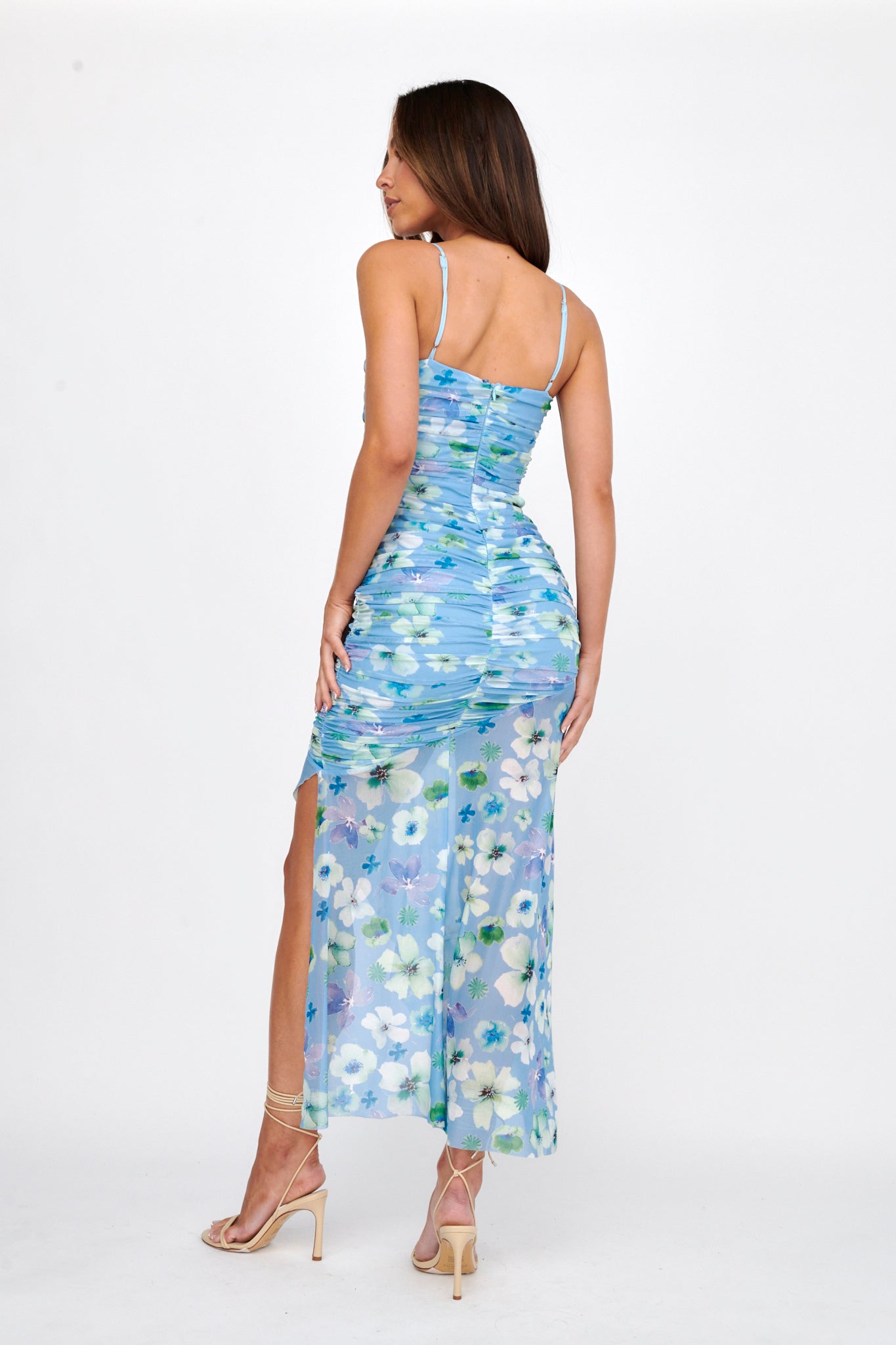 Kindred Soul Ruched Mesh Midi Dress Floral Blue by Selfie Leslie