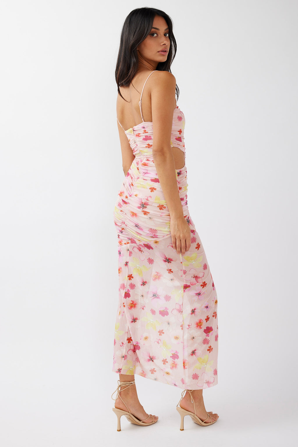 Kindred Soul Ruched Mesh Midi Dress Floral Pink by Selfie Leslie