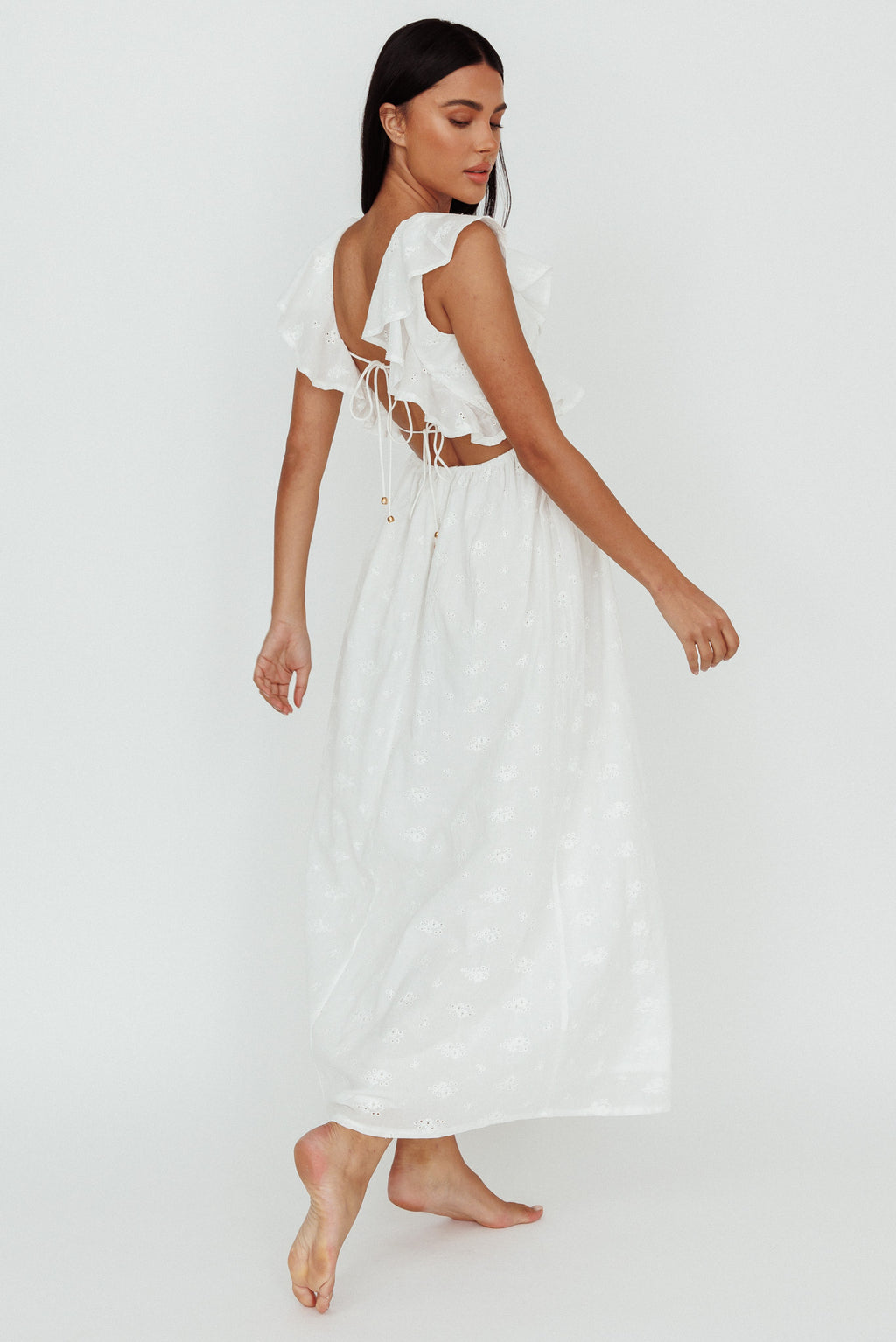 Primrosia Tied Back Maxi Dress Eyelet White by Selfie Leslie