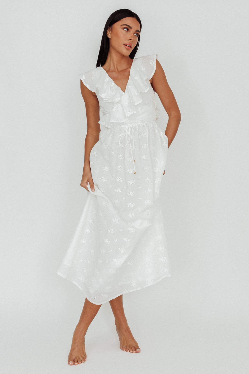 Primrosia Tied Back Maxi Dress Eyelet White by Selfie Leslie