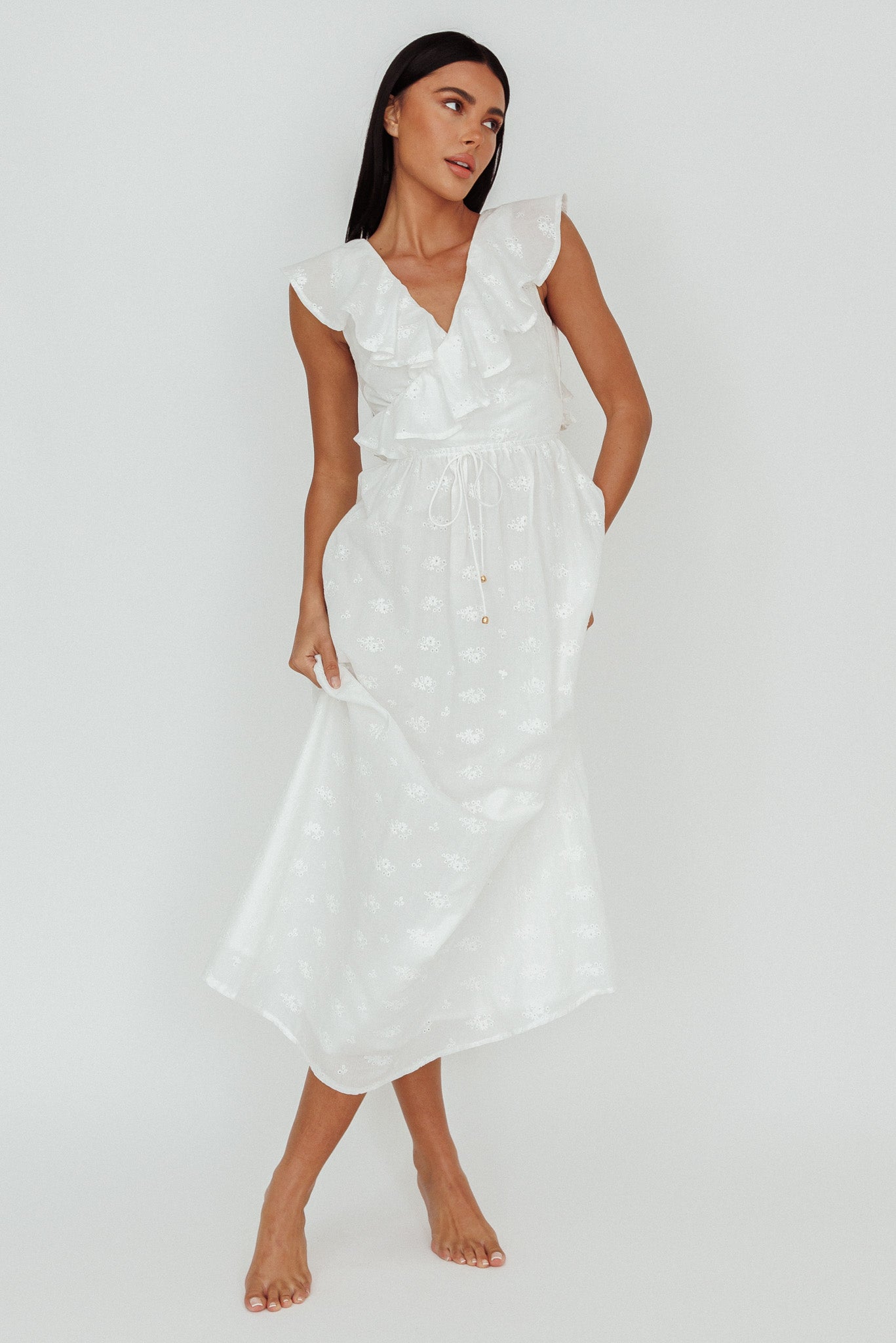 Primrosia Tied Back Maxi Dress Eyelet White by Selfie Leslie