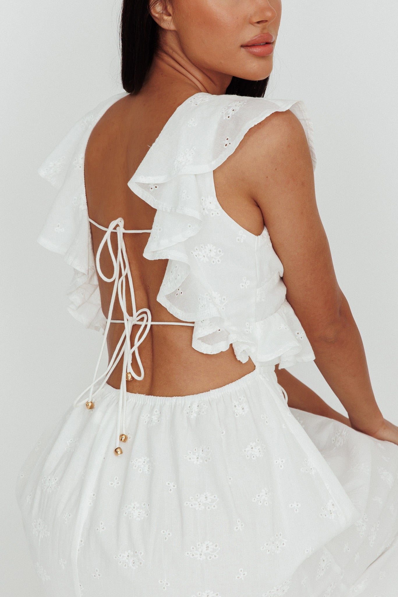 Primrosia Tied Back Maxi Dress Eyelet White by Selfie Leslie