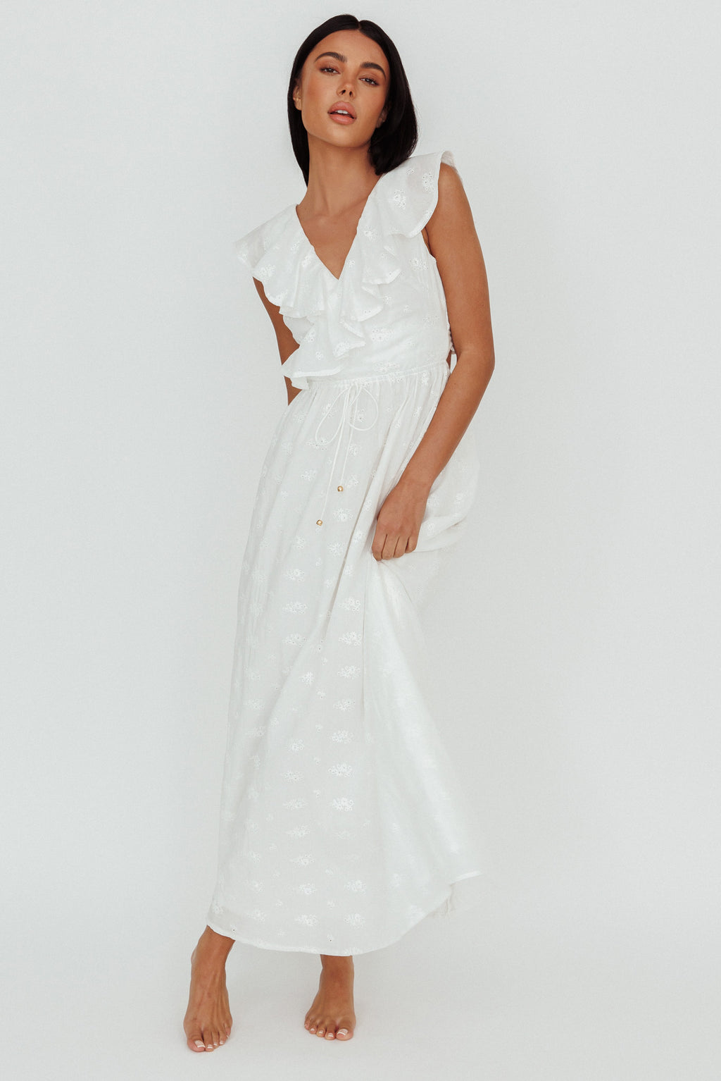 Primrosia Tied Back Maxi Dress Eyelet White by Selfie Leslie