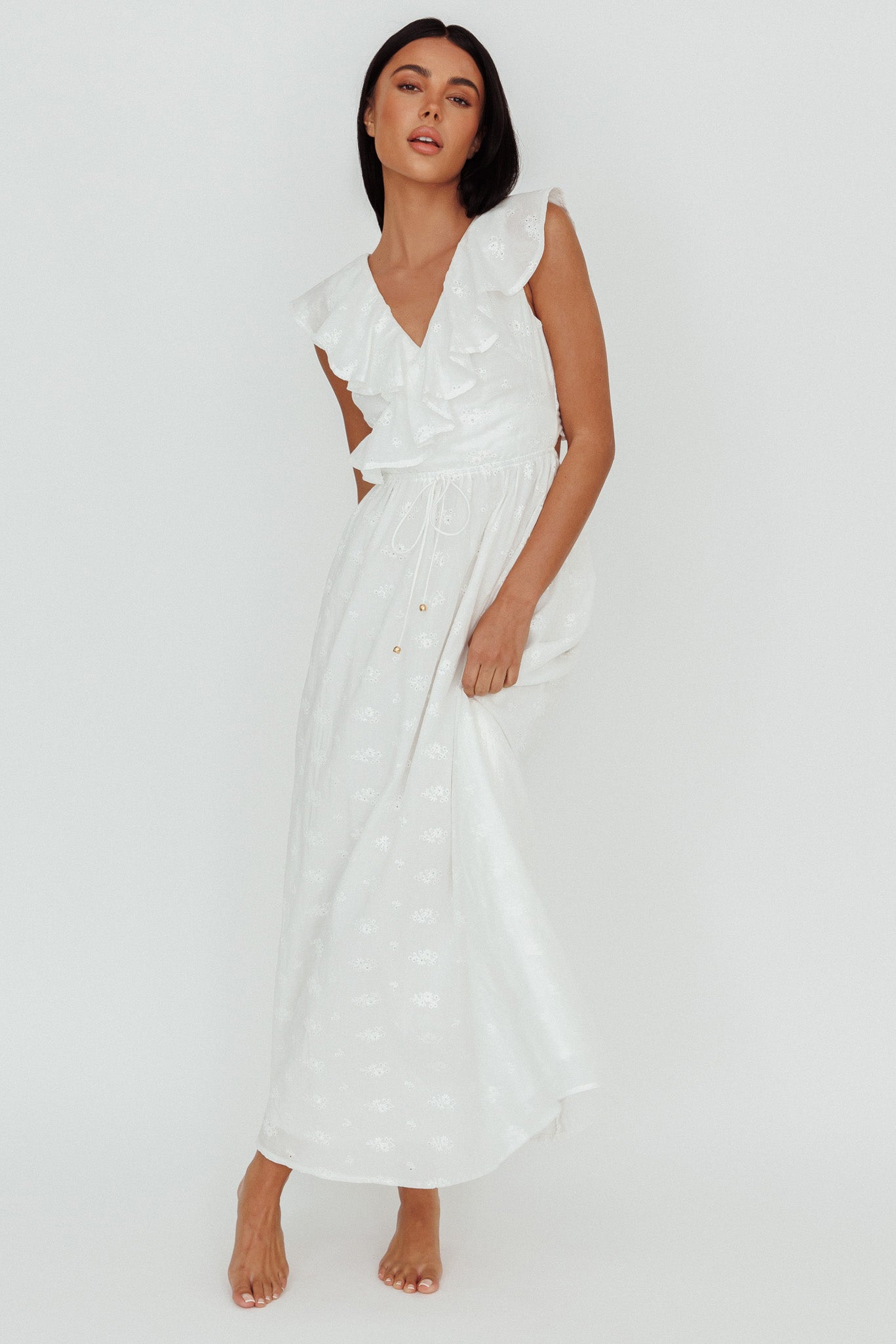 Primrosia Tied Back Maxi Dress Eyelet White by Selfie Leslie