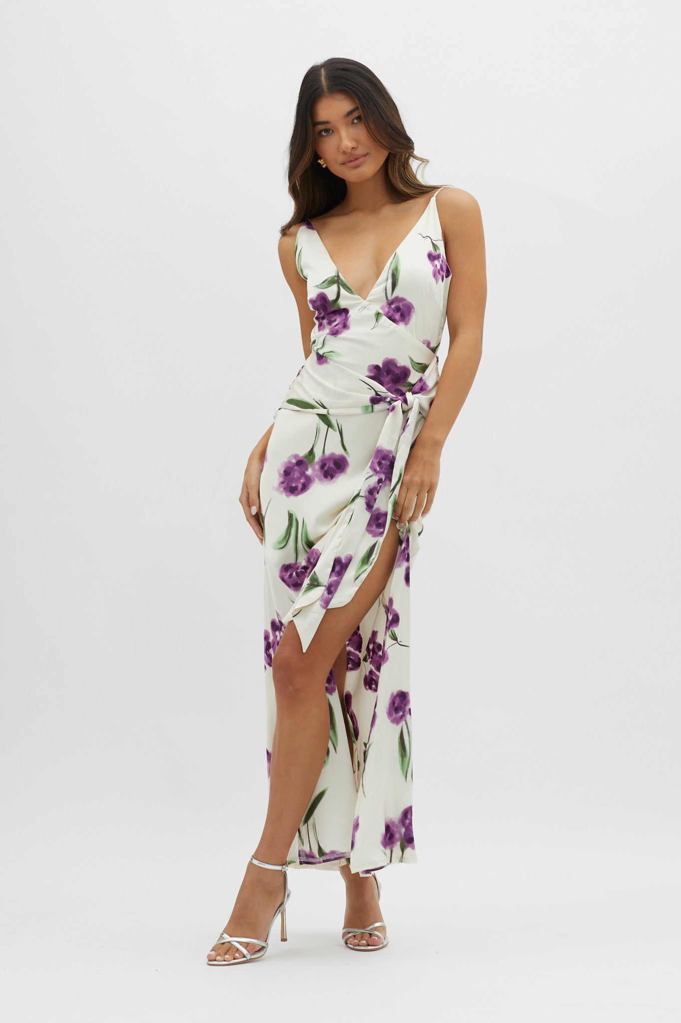 Corinna Tied Waist Split Dress Floral Purple by Selfie Leslie