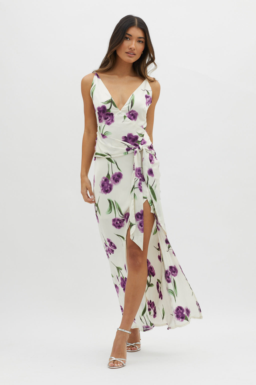 Corinna Tied Waist Split Dress Floral Purple by Selfie Leslie