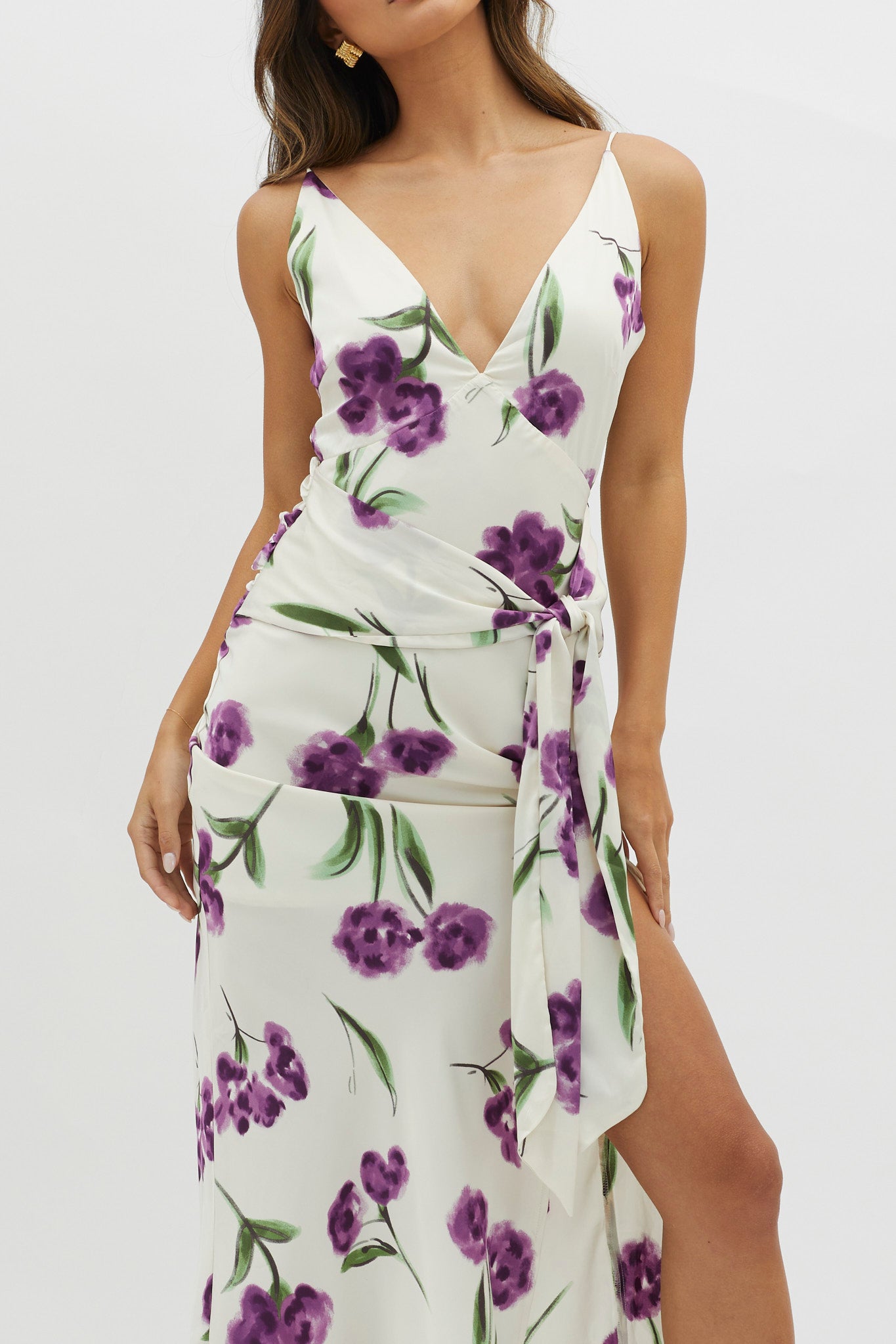 Corinna Tied Waist Split Dress Floral Purple by Selfie Leslie