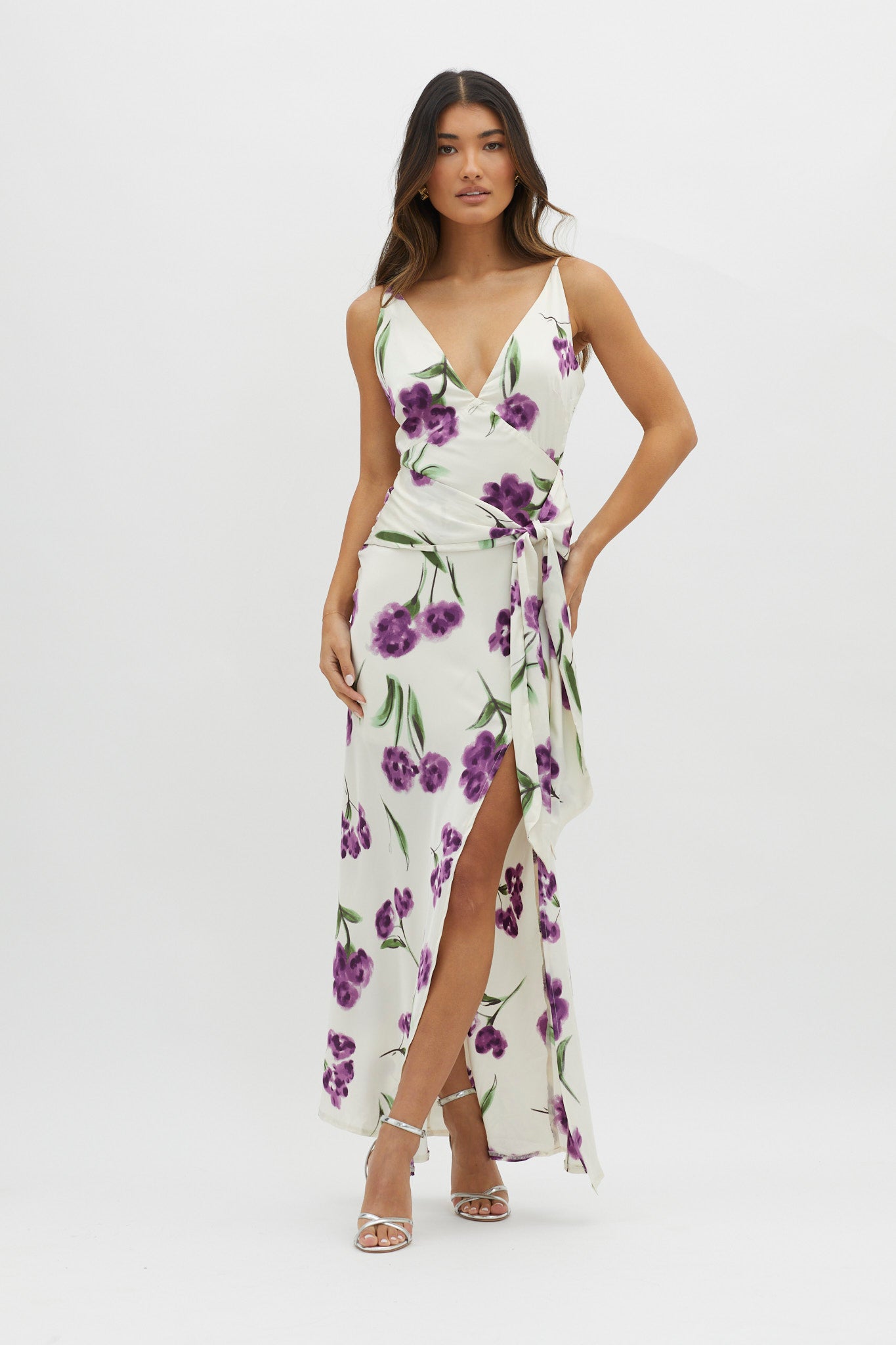 Corinna Tied Waist Split Dress Floral Purple by Selfie Leslie