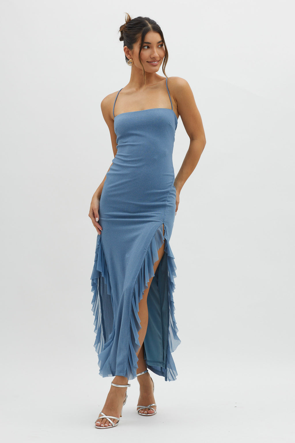 Rosilyn Split Ruffle Midi Dress Blue by Selfie Leslie