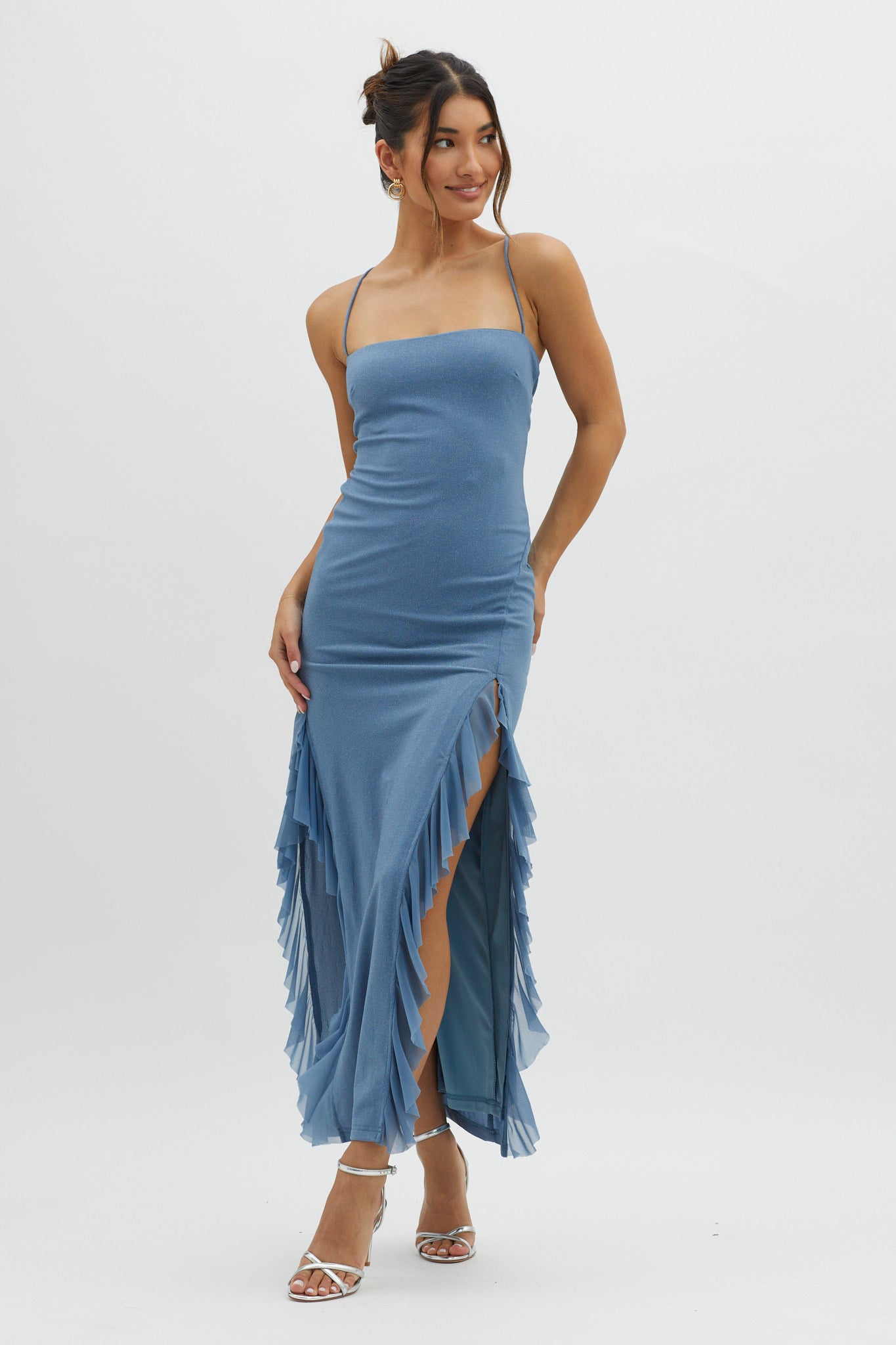 Rosilyn Split Ruffle Midi Dress Blue by Selfie Leslie