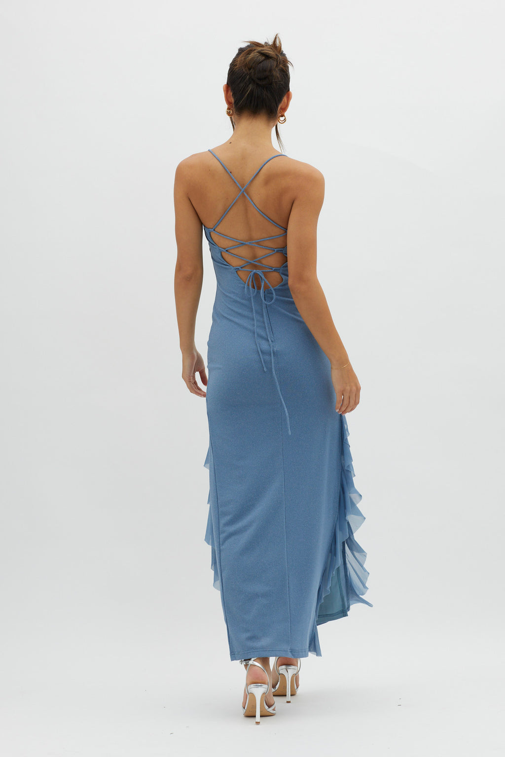 Rosilyn Split Ruffle Midi Dress Blue by Selfie Leslie