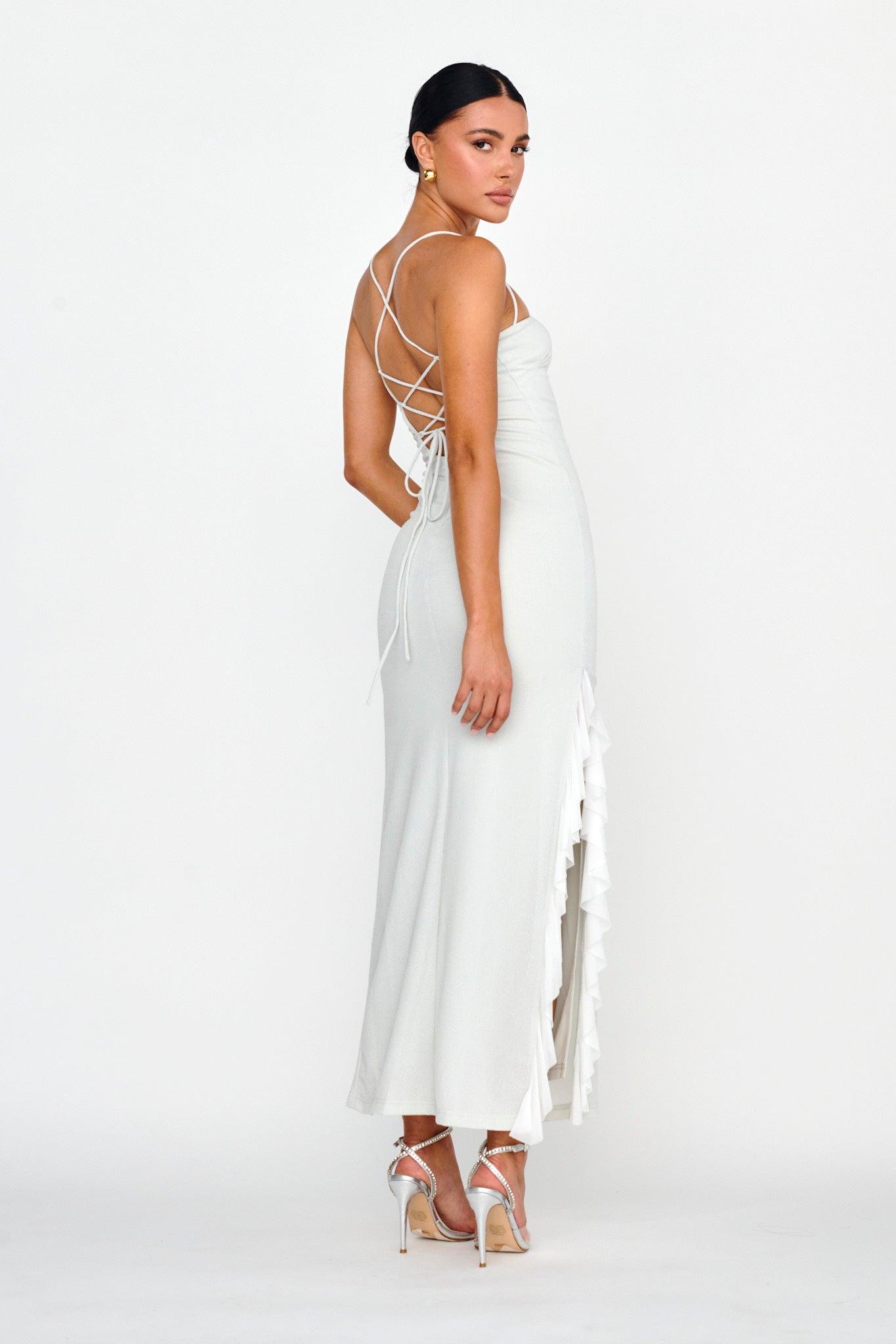 Rosilyn Split Ruffle Midi Dress Silver by Selfie Leslie