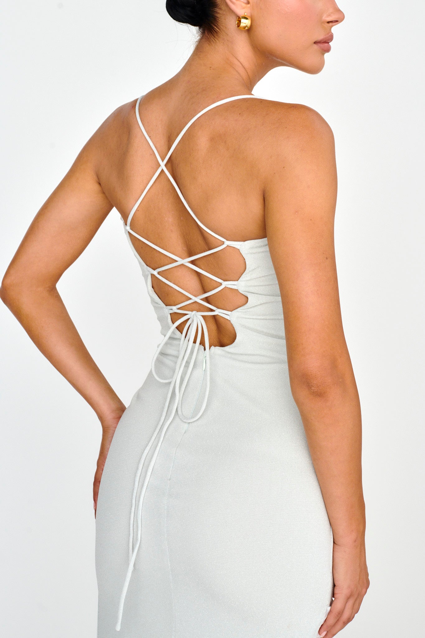 Rosilyn Split Ruffle Midi Dress Silver by Selfie Leslie