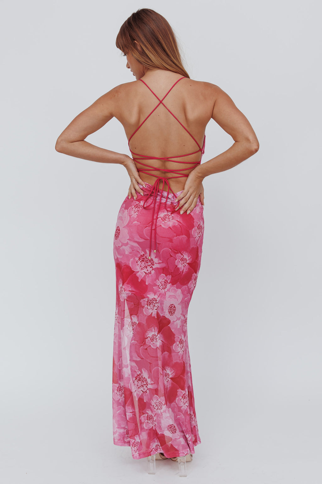 Osaka Sun Lace-Up Back Mesh Dress Pink by Selfie Leslie