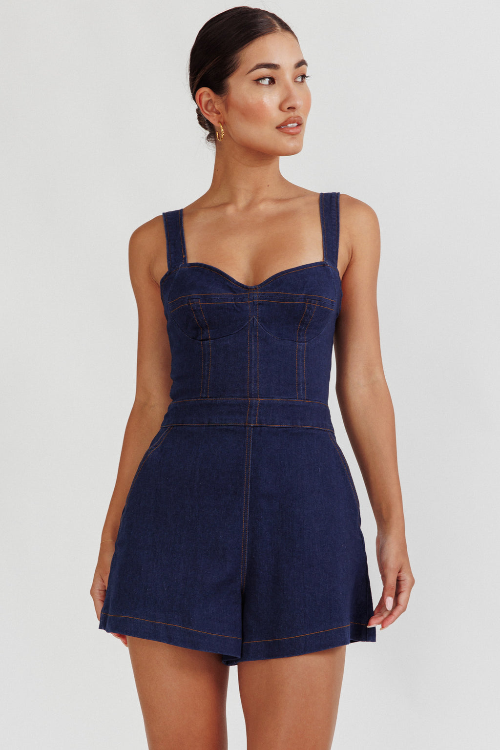 Tease Me Sweetheart Neckline Denim Romper Indigo by Selfie Leslie