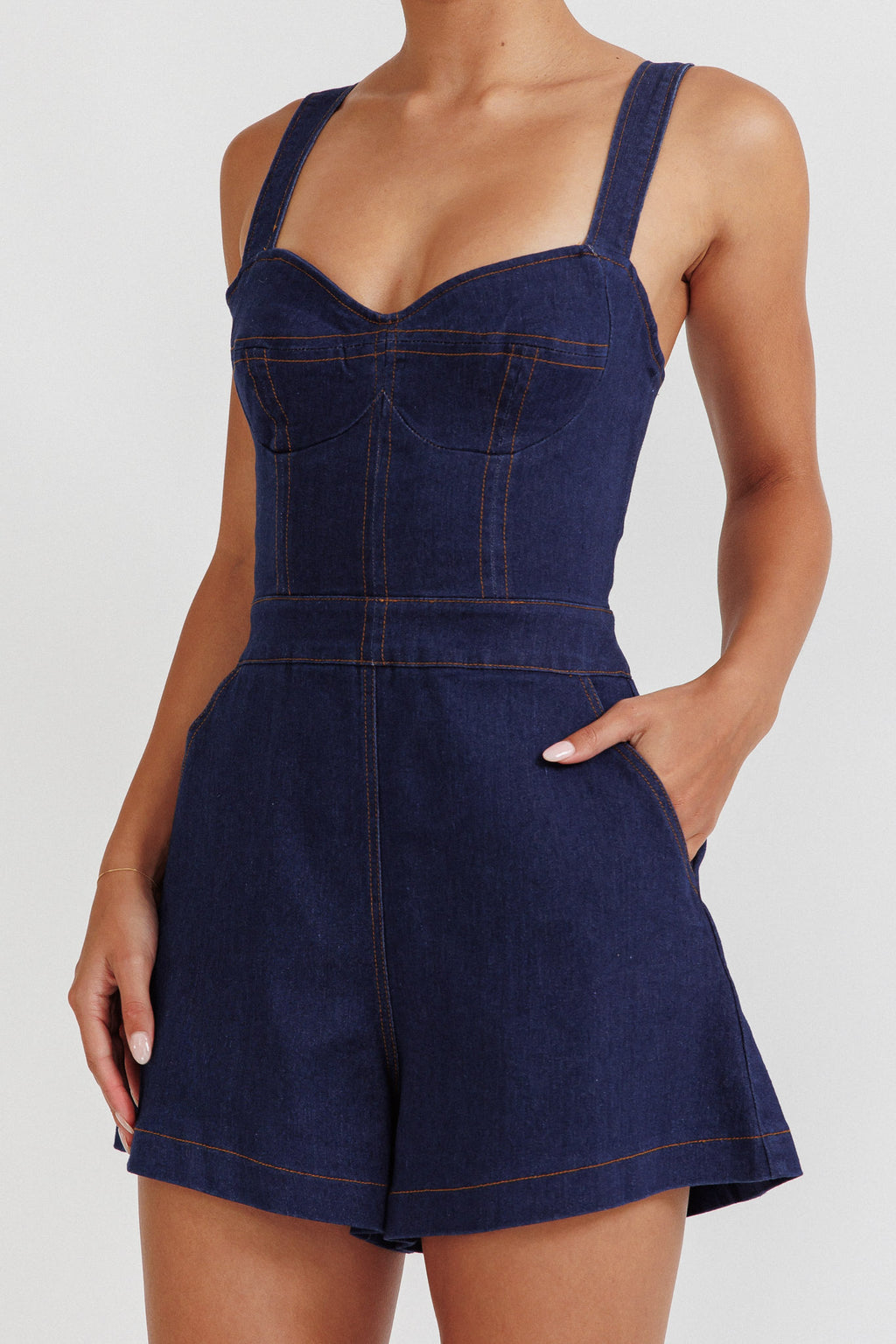 Tease Me Sweetheart Neckline Denim Romper Indigo by Selfie Leslie
