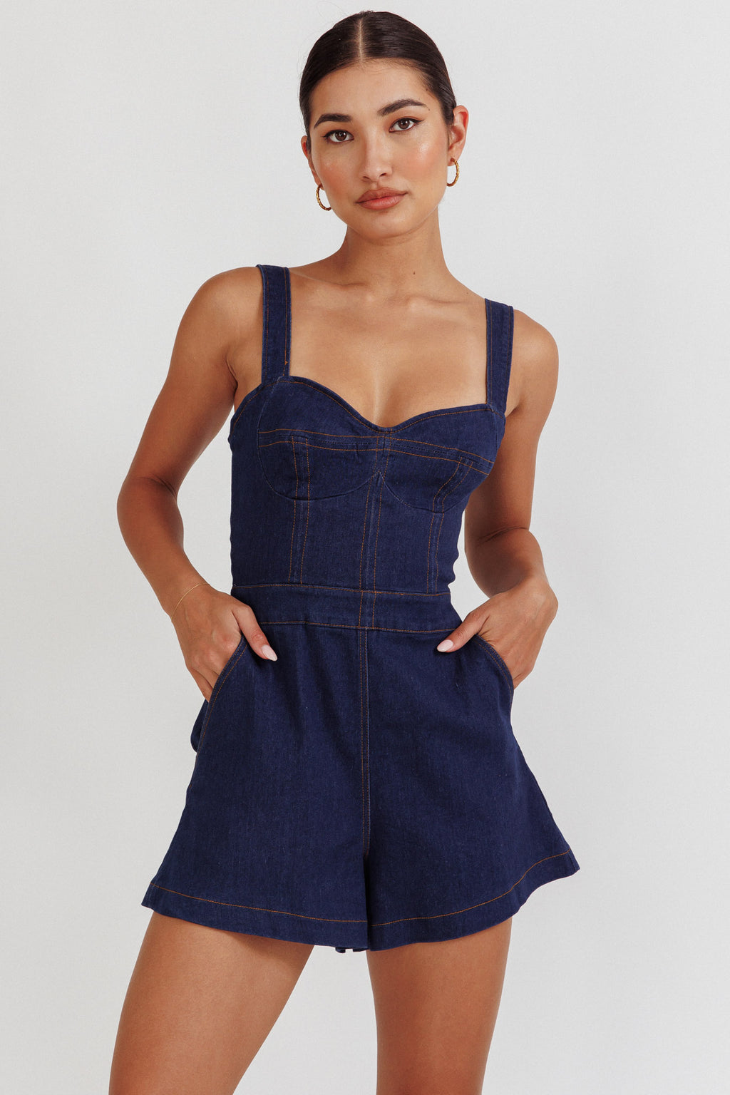 Tease Me Sweetheart Neckline Denim Romper Indigo by Selfie Leslie