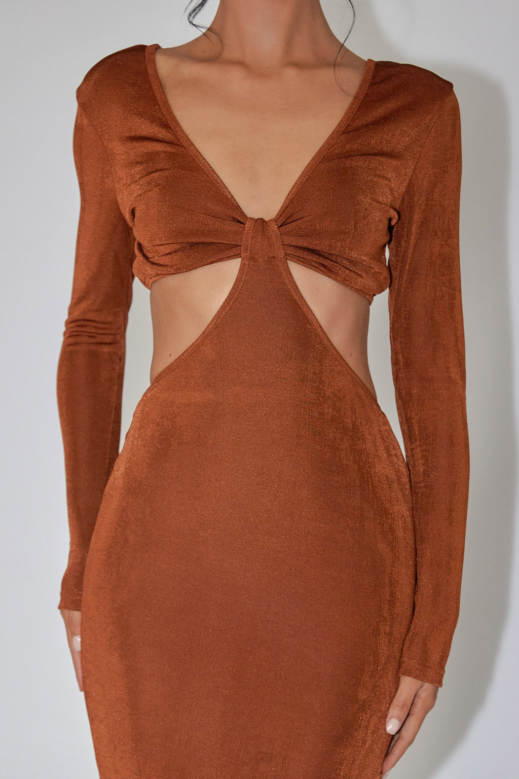 Acapulco Long Sleeve Cut-Out Waist Side Split Midi Jersey Dress Chocolate by Selfie Leslie