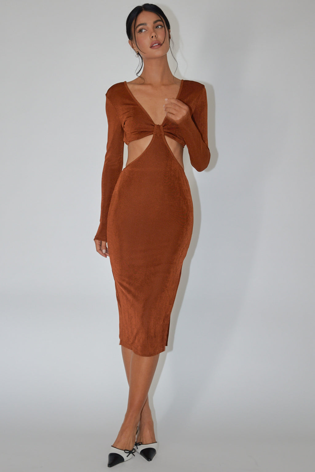 Acapulco Long Sleeve Cut-Out Waist Side Split Midi Jersey Dress Chocolate by Selfie Leslie