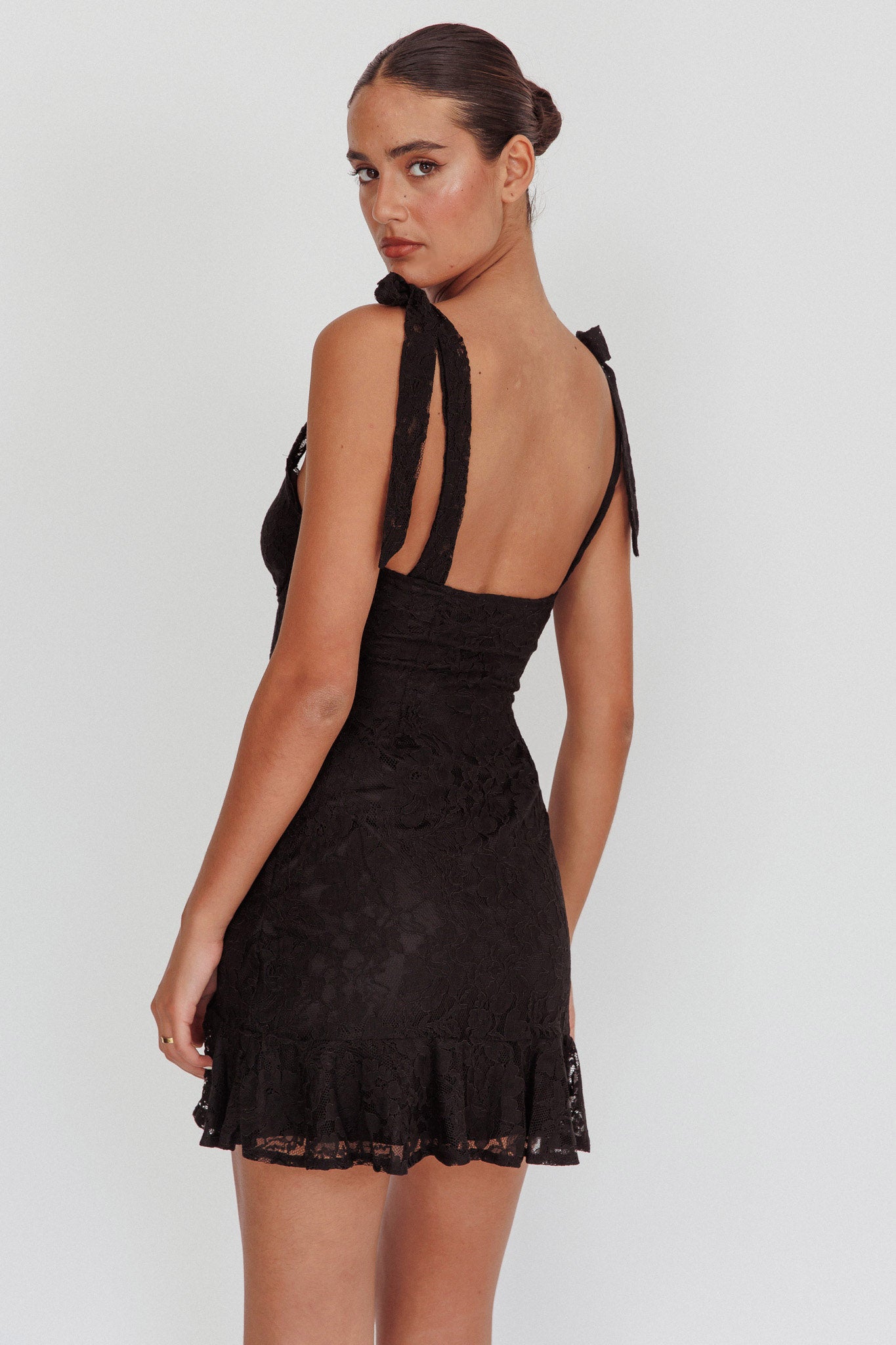 Emine Bow Shoulder Lace Mini Dress Black by Selfie Leslie