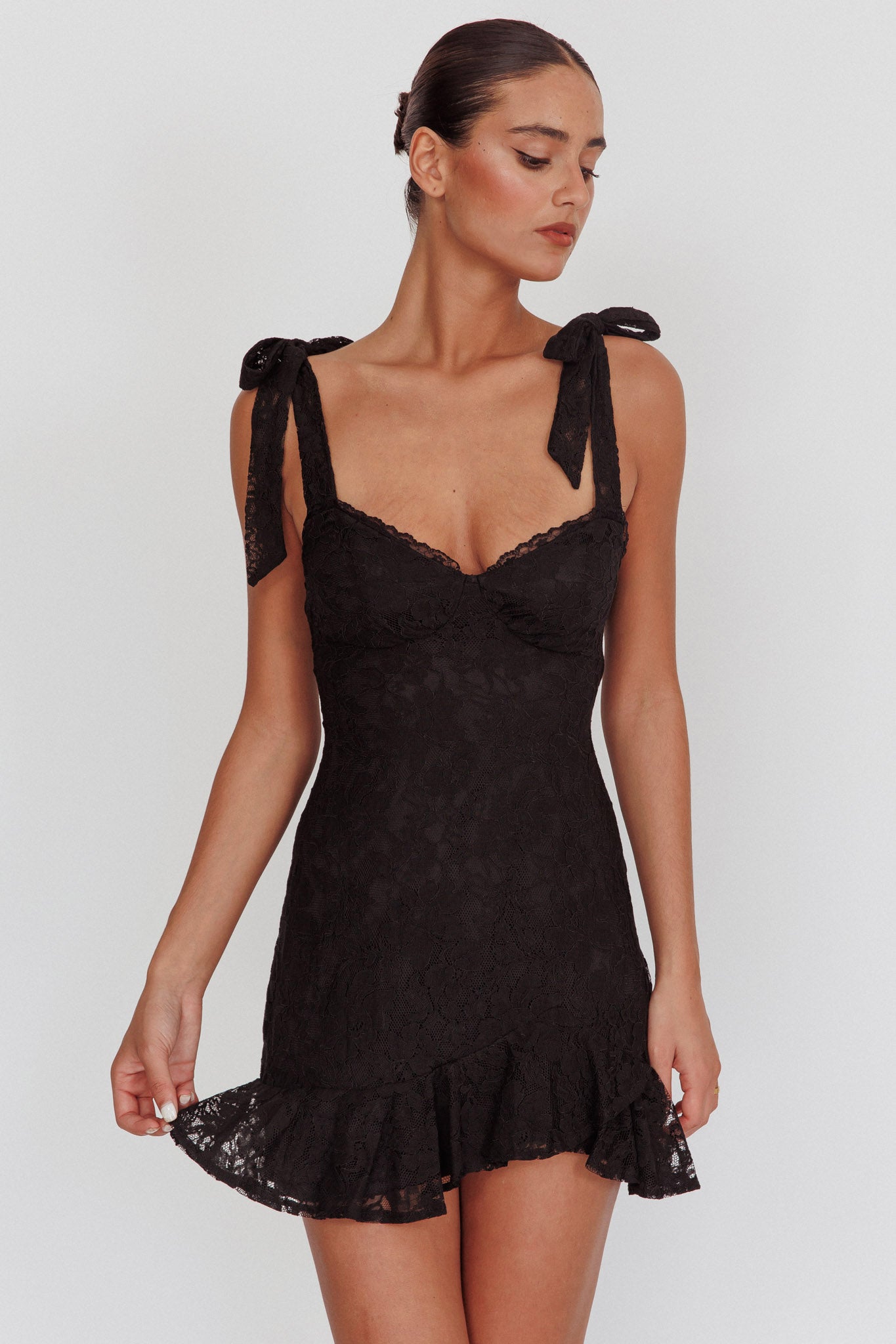 Emine Bow Shoulder Lace Mini Dress Black– Selfie Leslie