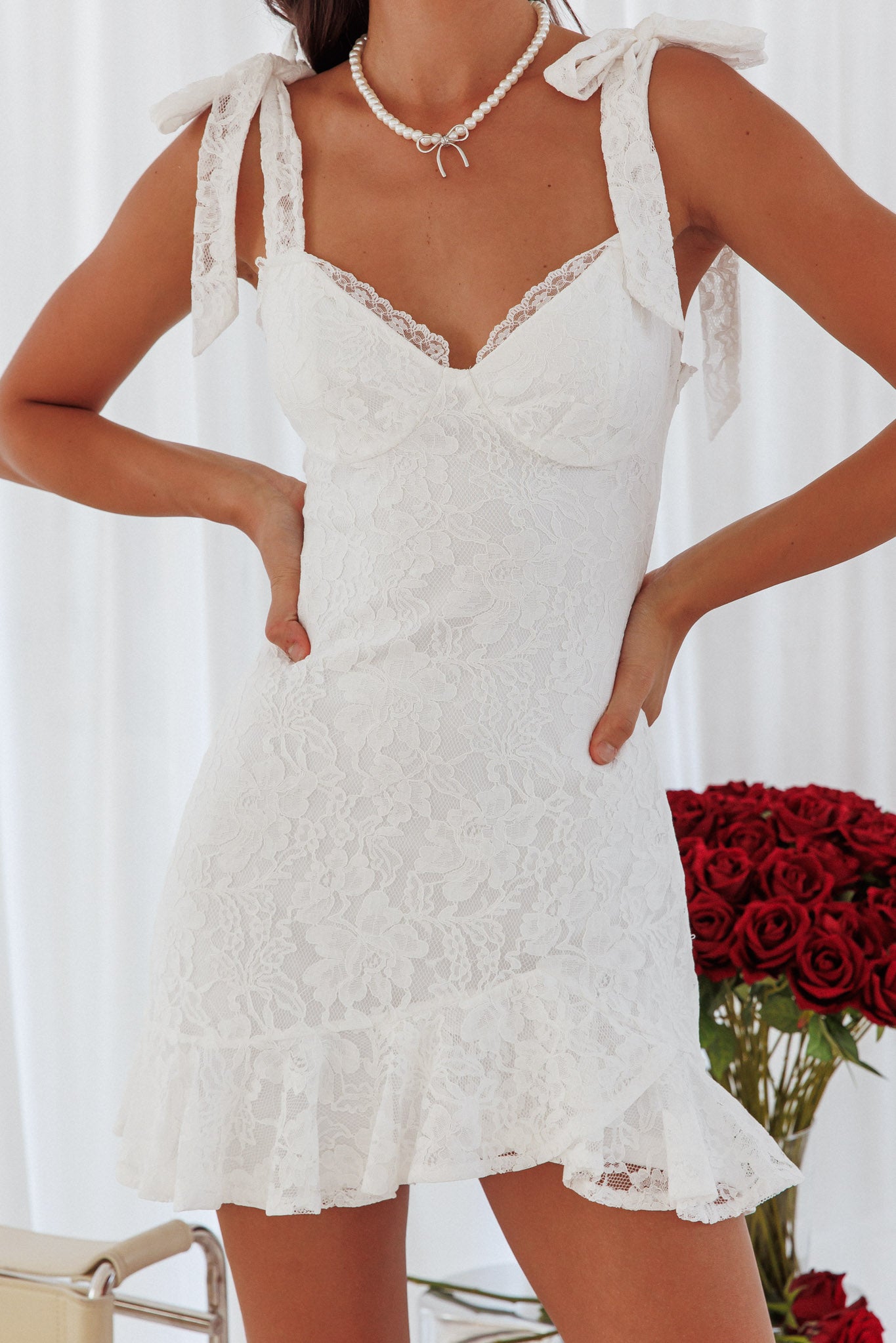 Emine Bow Shoulder Lace Mini Dress White by Selfie Leslie