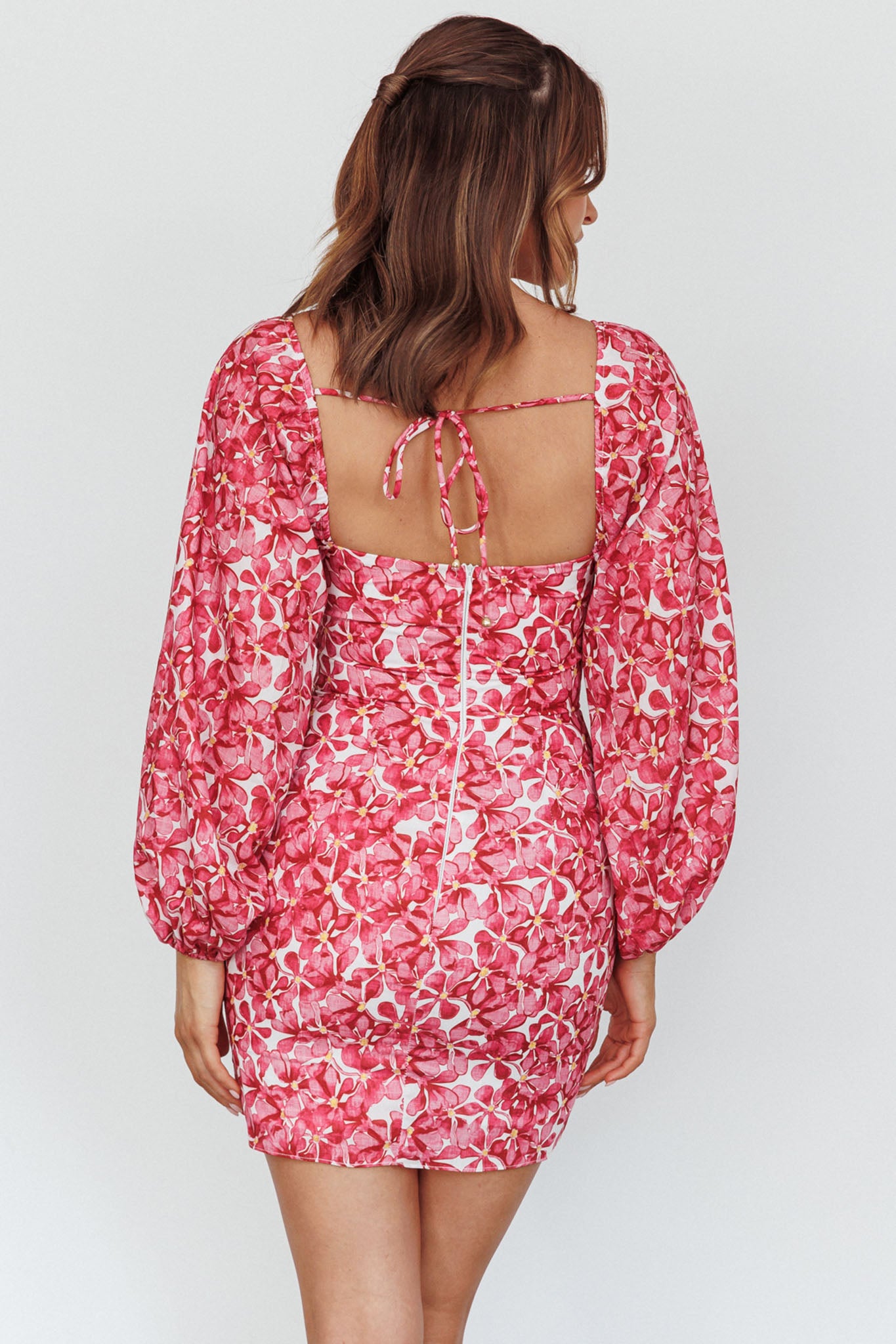 Beaujolais Long Sleeve Ruched Mini Dress Floral Pink by Selfie Leslie