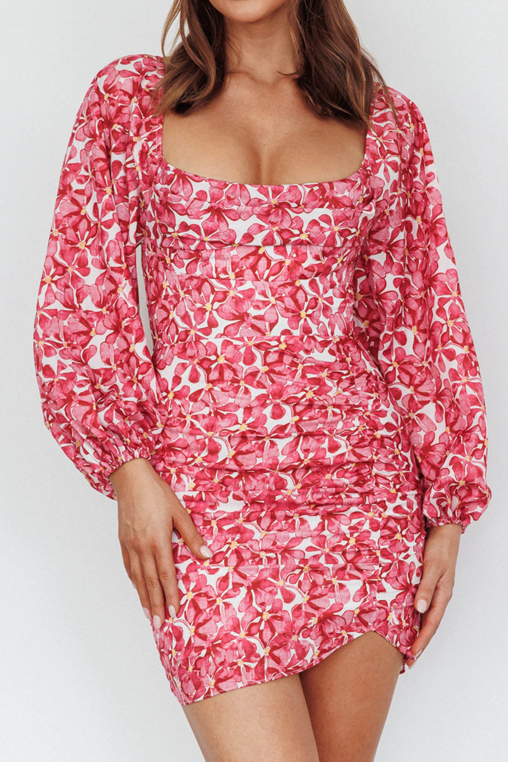 Beaujolais Long Sleeve Ruched Mini Dress Floral Pink by Selfie Leslie