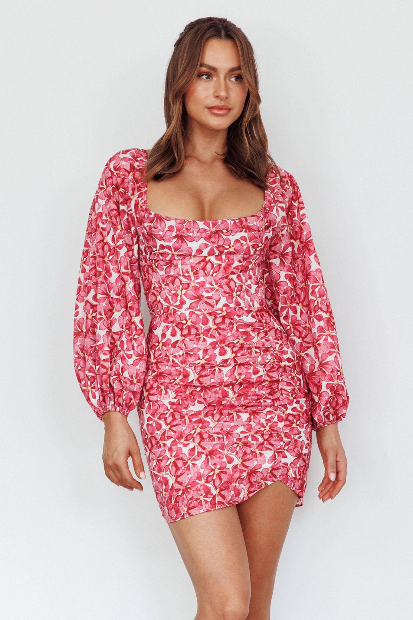 Beaujolais Long Sleeve Ruched Mini Dress Floral Pink by Selfie Leslie