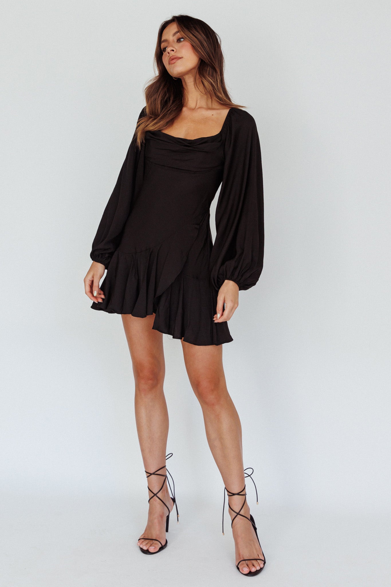 Beaujolais Long Sleeve Cowl Neckline Ruffle Satin Mini Dress Black by Selfie Leslie