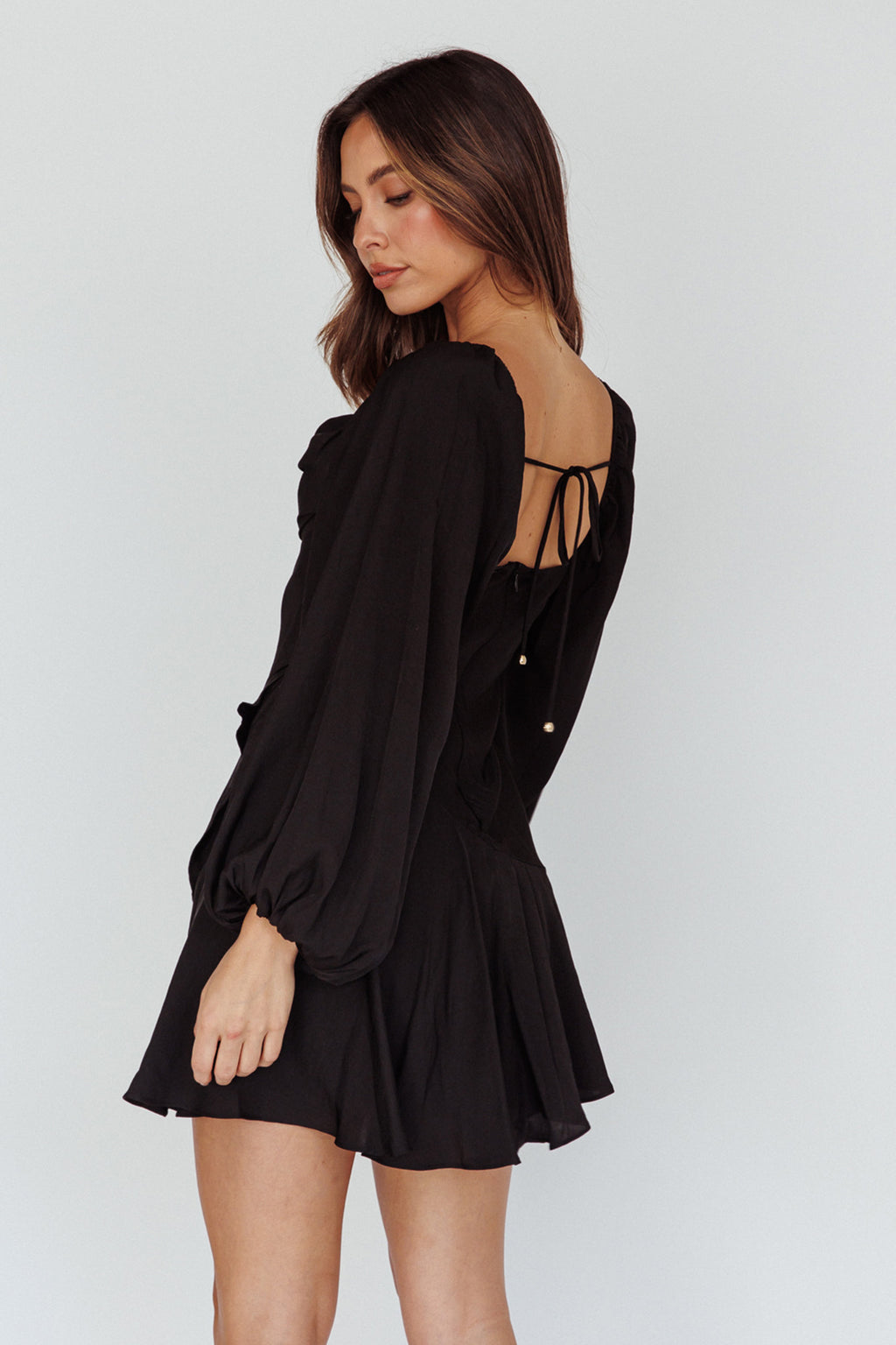 Beaujolais Long Sleeve Cowl Neckline Ruffle Satin Mini Dress Black by Selfie Leslie