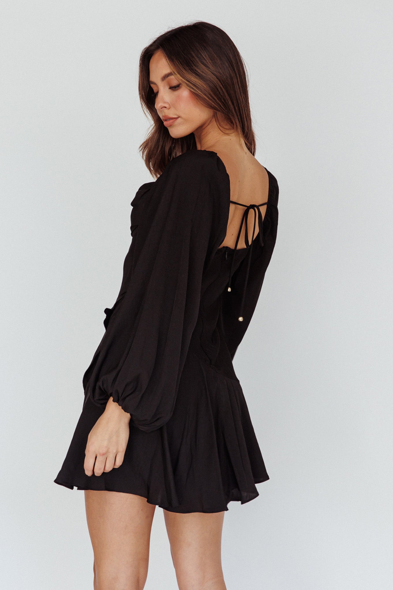 Beaujolais Long Sleeve Cowl Neckline Ruffle Satin Mini Dress Black by Selfie Leslie