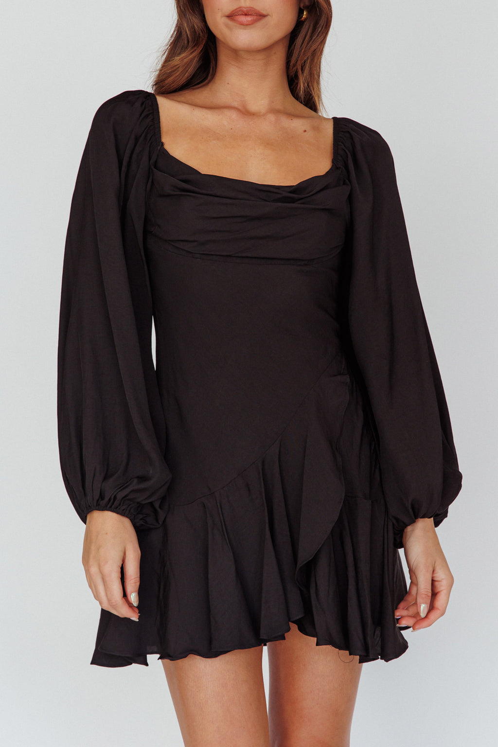 Beaujolais Long Sleeve Cowl Neckline Ruffle Satin Mini Dress Black by Selfie Leslie