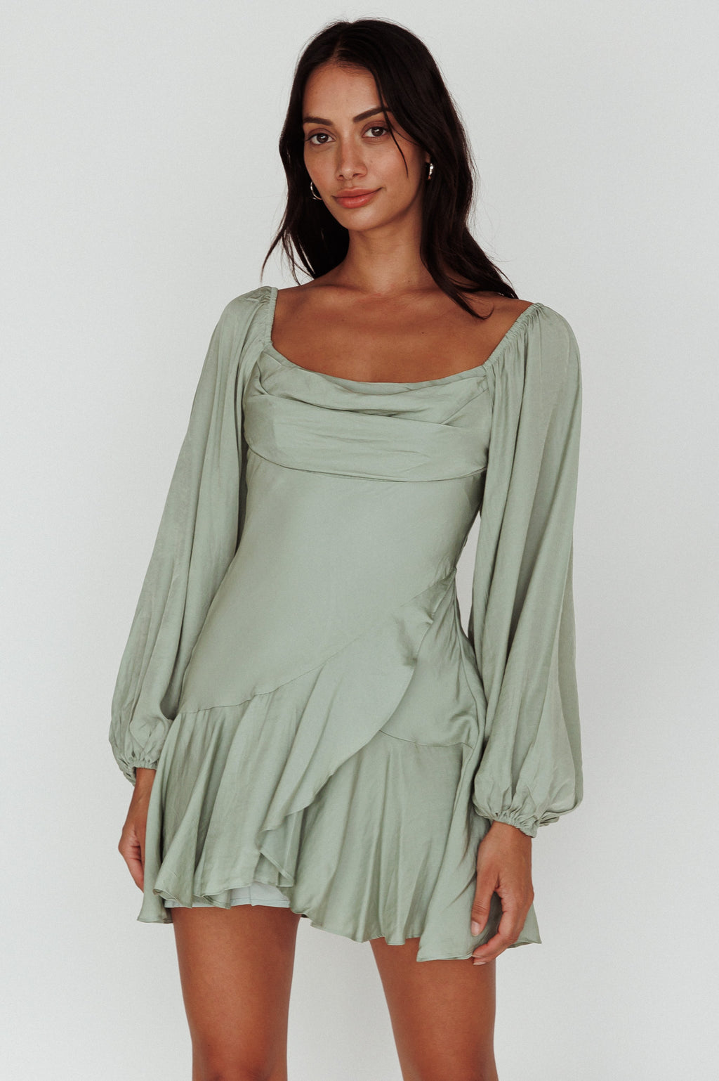Beaujolais Long Sleeve Cowl Neckline Ruffle Mini Dress Sage by Selfie Leslie