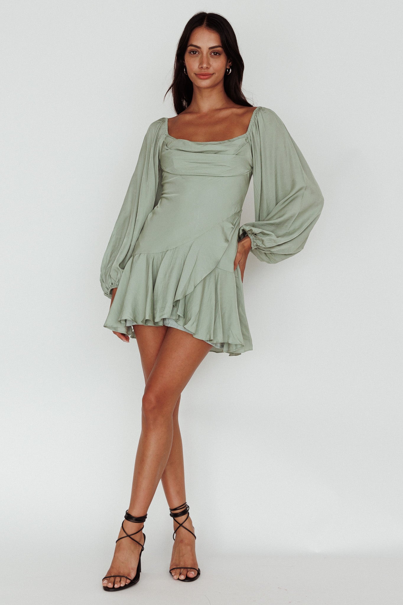 Beaujolais Long Sleeve Cowl Neckline Ruffle Mini Dress Sage | Selfie Leslie Beaujolais Long Sleeve Cowl Neckline Ruffle Mini Dress Sage | Selfie Leslie