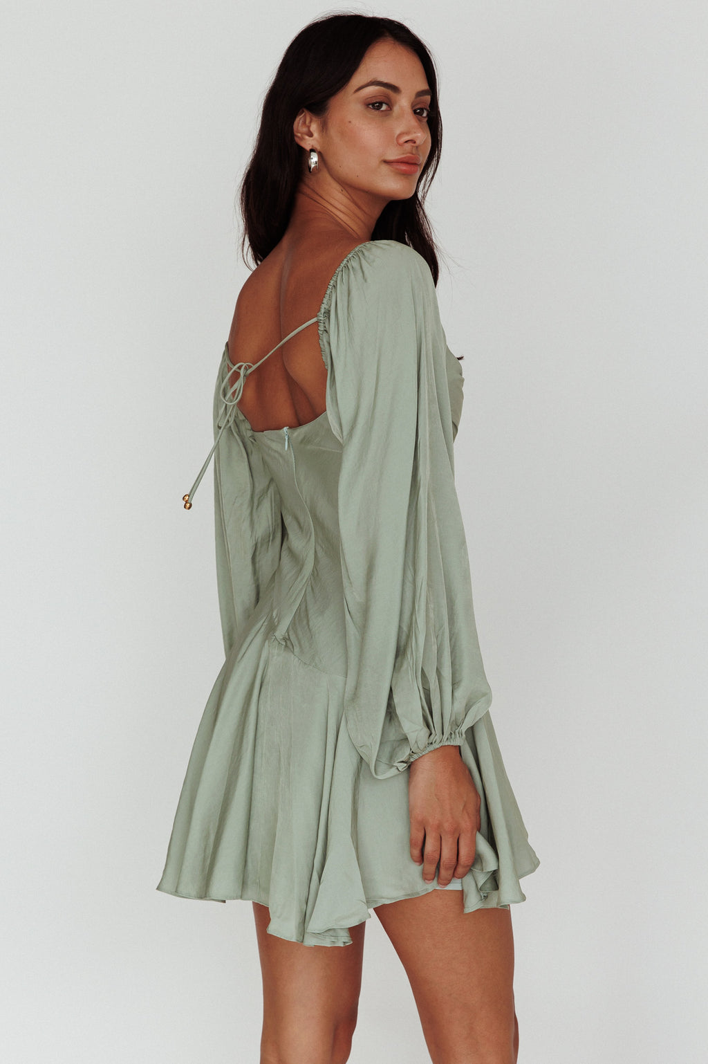 Beaujolais Long Sleeve Cowl Neckline Ruffle Mini Dress Sage by Selfie Leslie