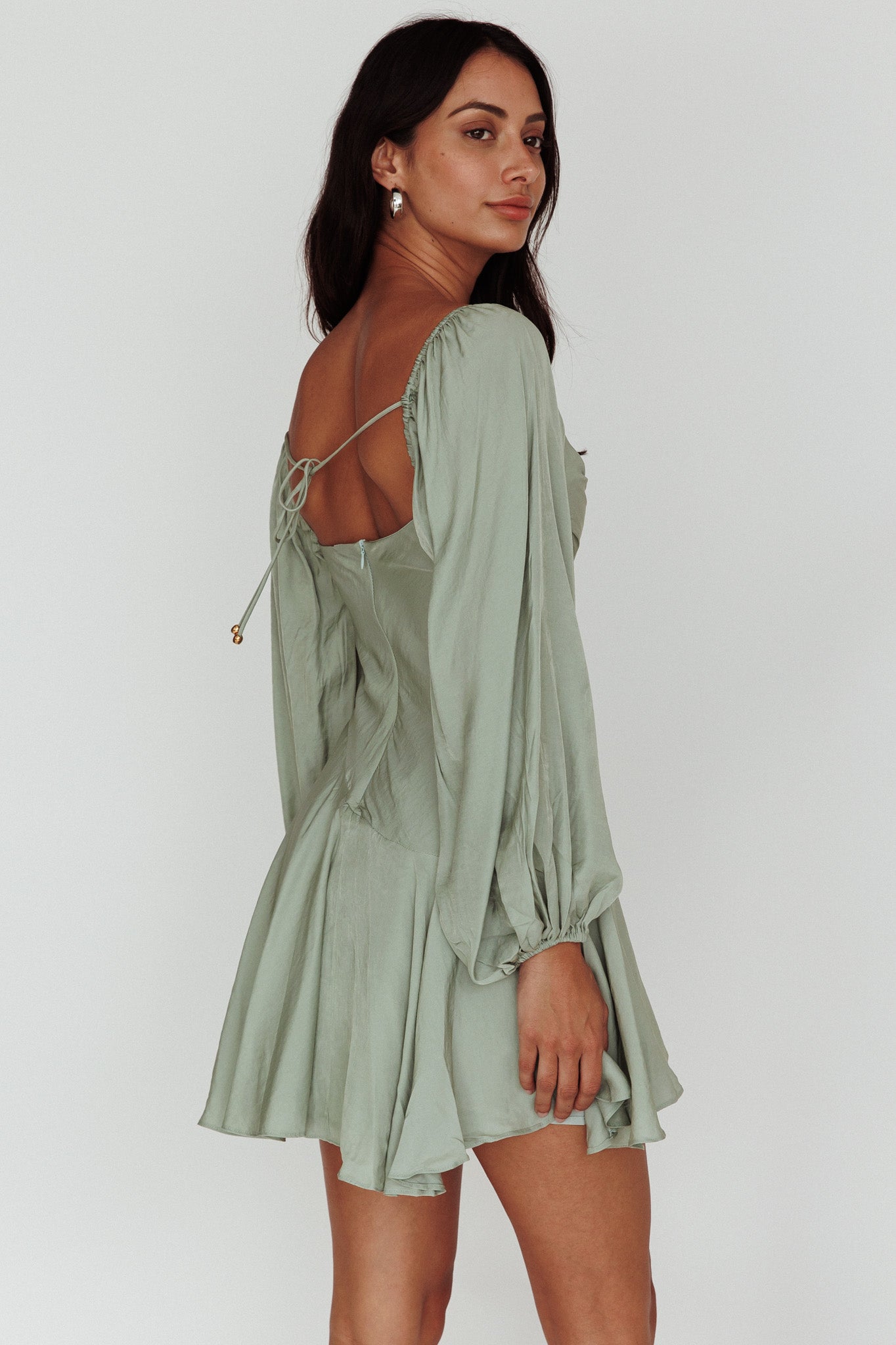 Beaujolais Long Sleeve Cowl Neckline Ruffle Mini Dress Sage by Selfie Leslie