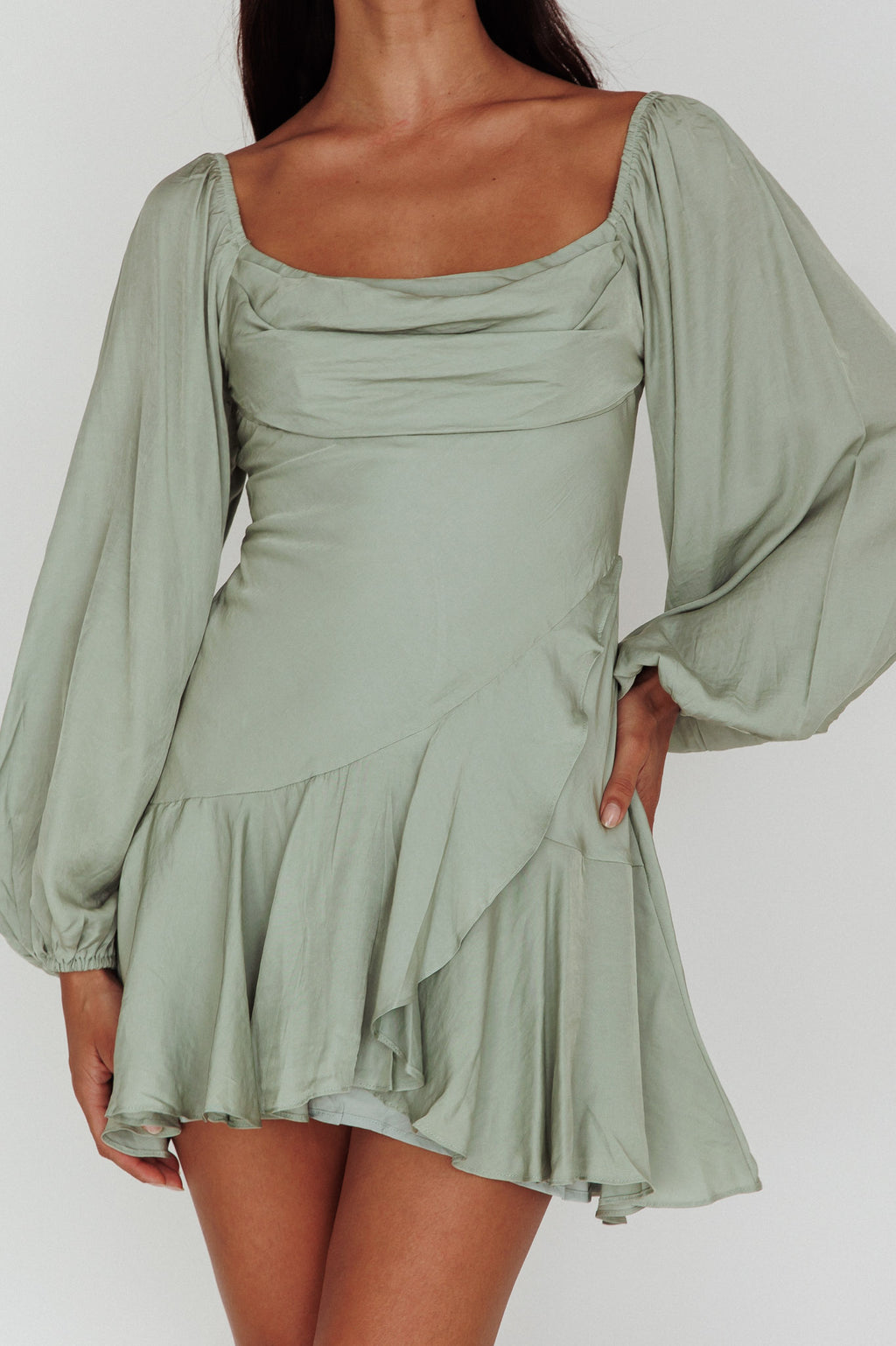 Beaujolais Long Sleeve Cowl Neckline Ruffle Mini Dress Sage by Selfie Leslie