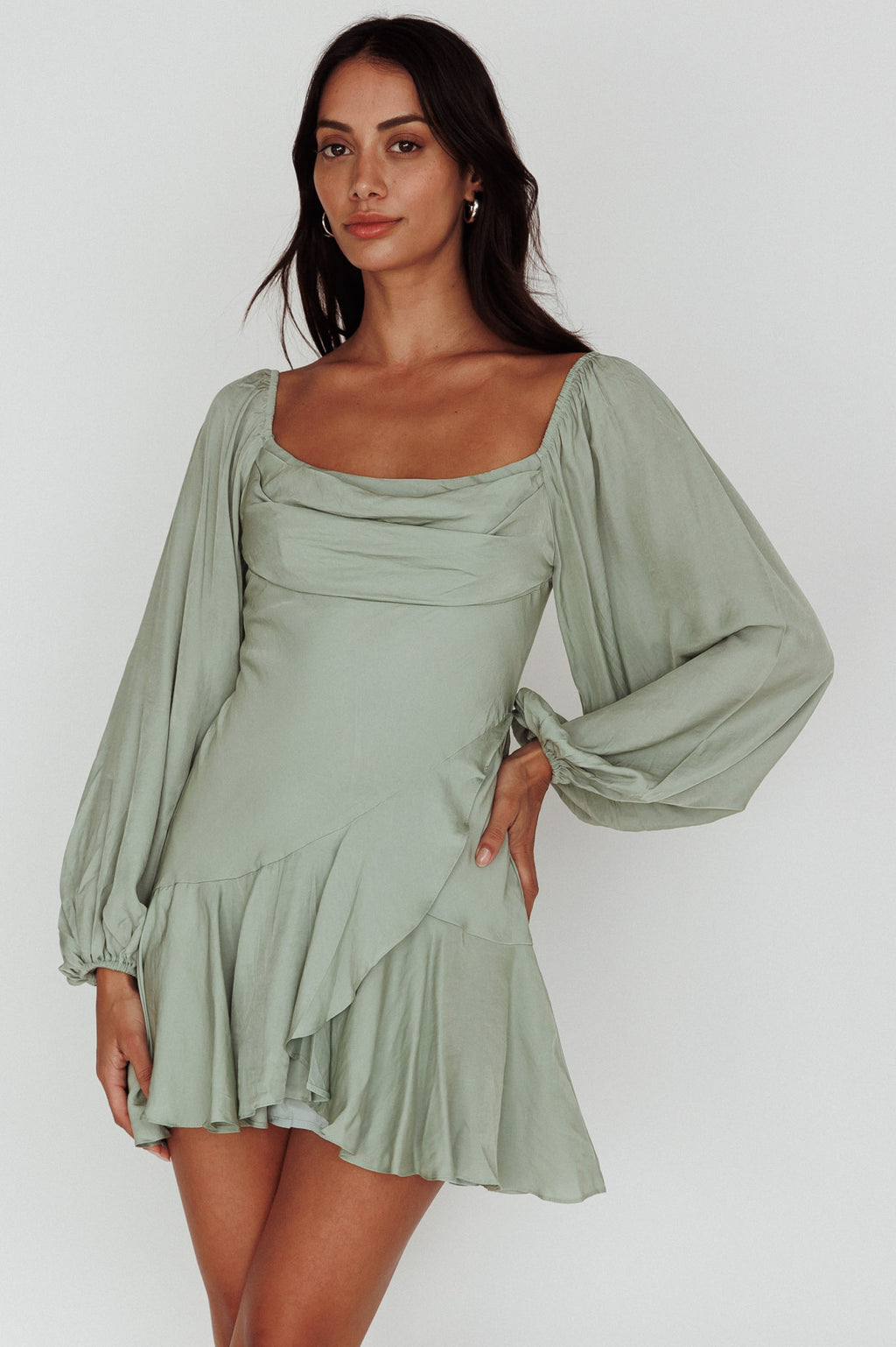 Beaujolais Long Sleeve Cowl Neckline Ruffle Mini Dress Sage by Selfie Leslie