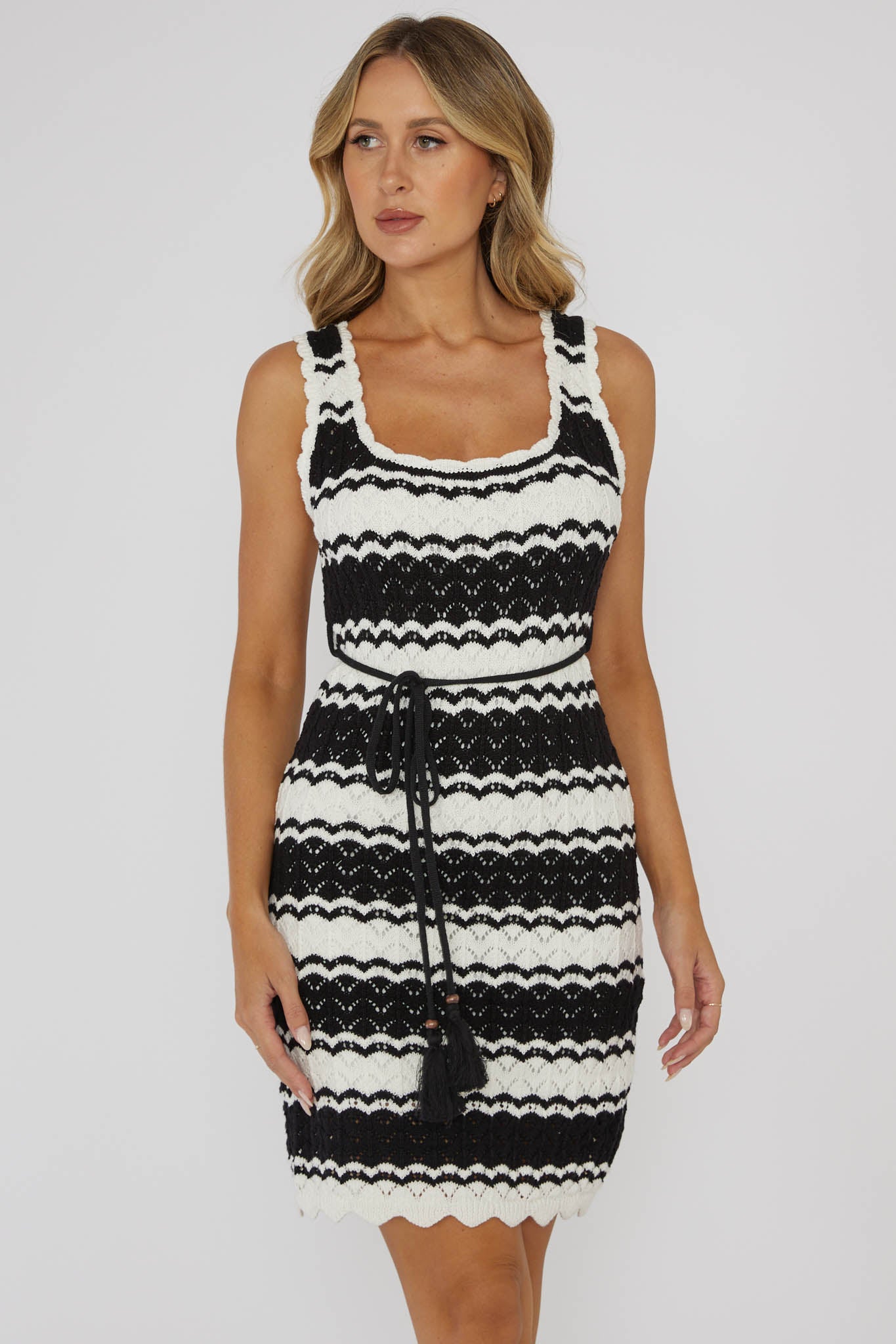 Wander Lust Crochet Mini Dress Striped Black by Selfie Leslie