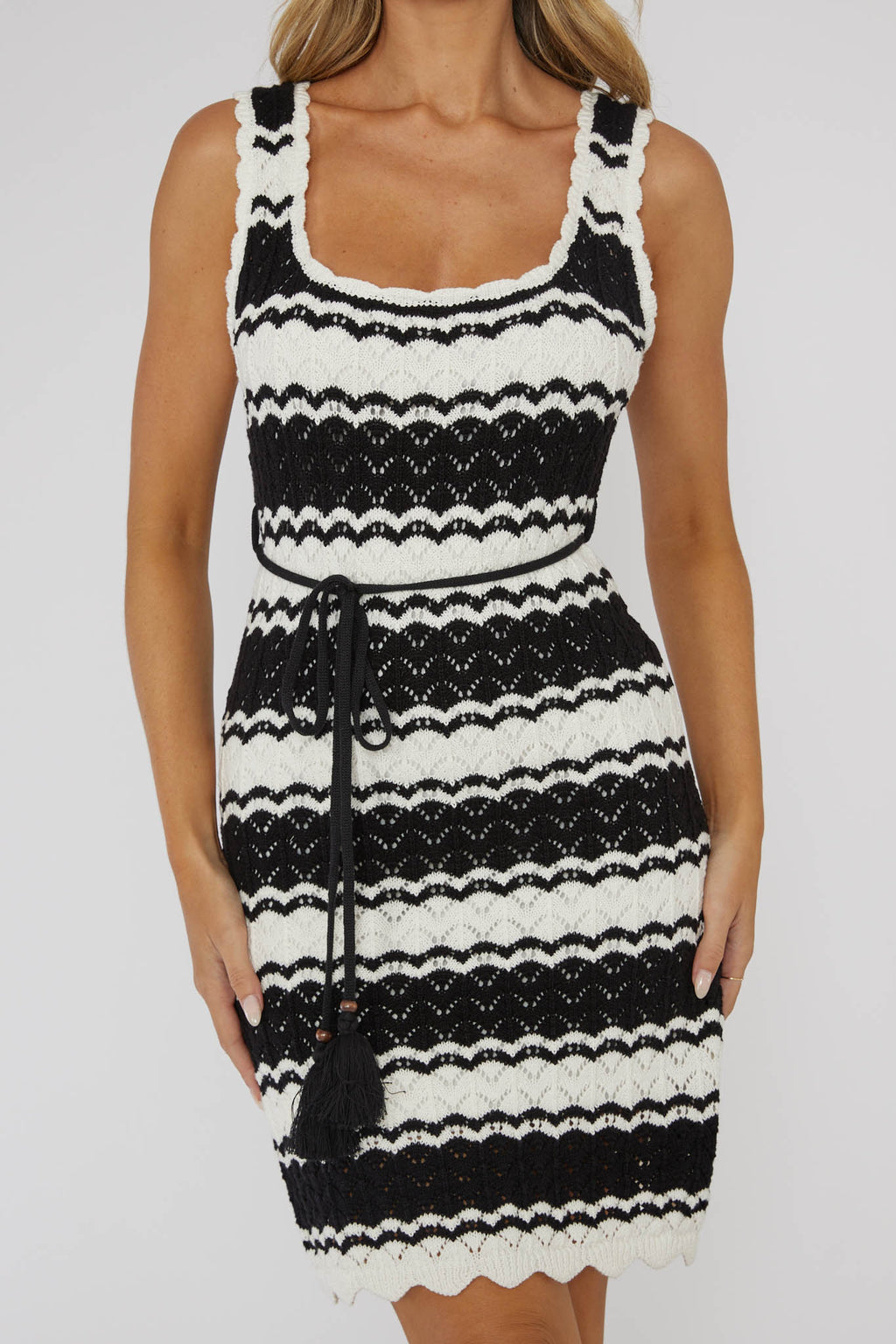 Wander Lust Crochet Mini Dress Striped Black by Selfie Leslie