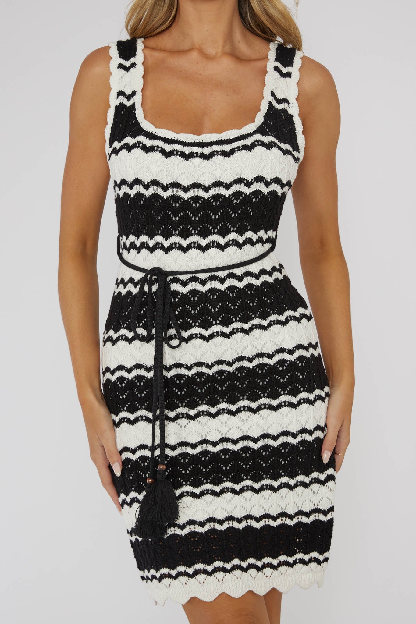 Wander Lust Crochet Mini Dress Striped Black by Selfie Leslie