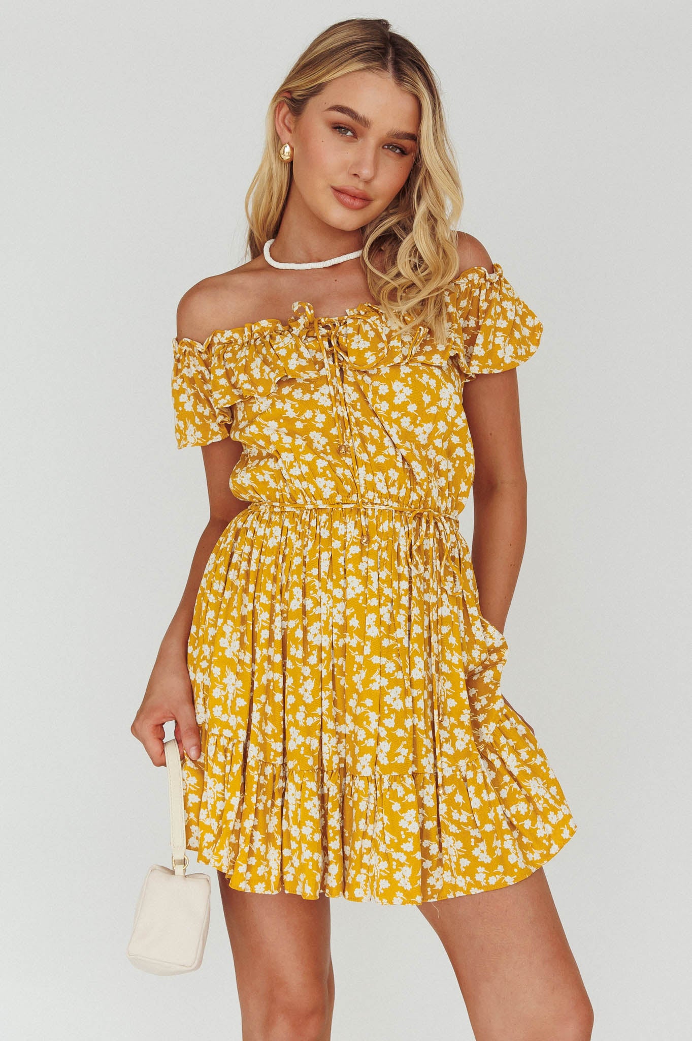 Morning Song Off-Shoulder Frill Trim Embroidery Dress Floral Print Yellow