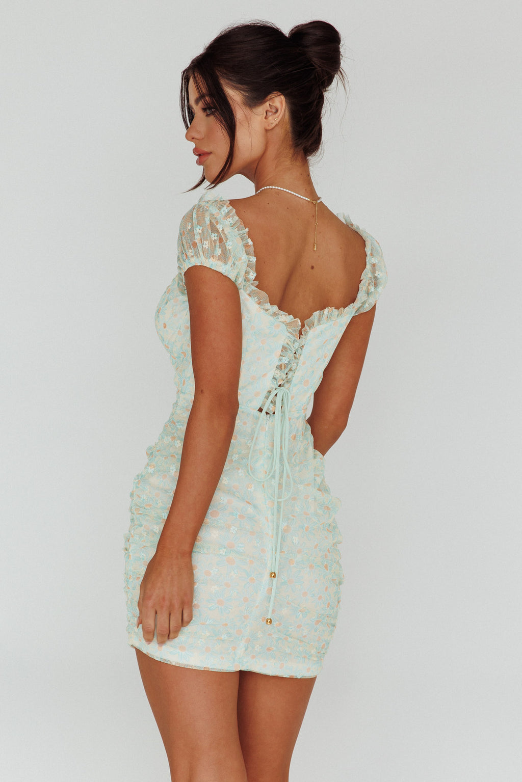 Daisy Chains Lace-up Back Mini Dress Green by Selfie Leslie