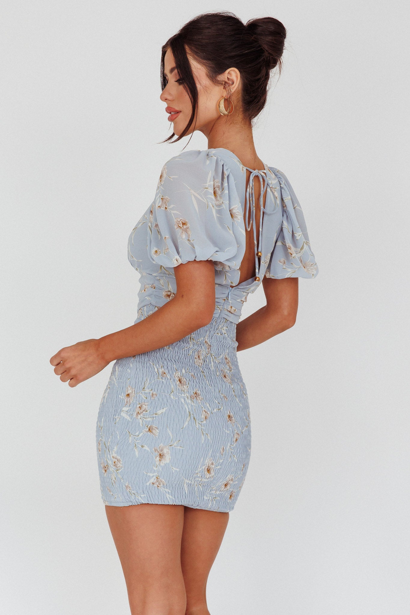 La Nena Shirred Mini Dress Floral Blue by Selfie Leslie