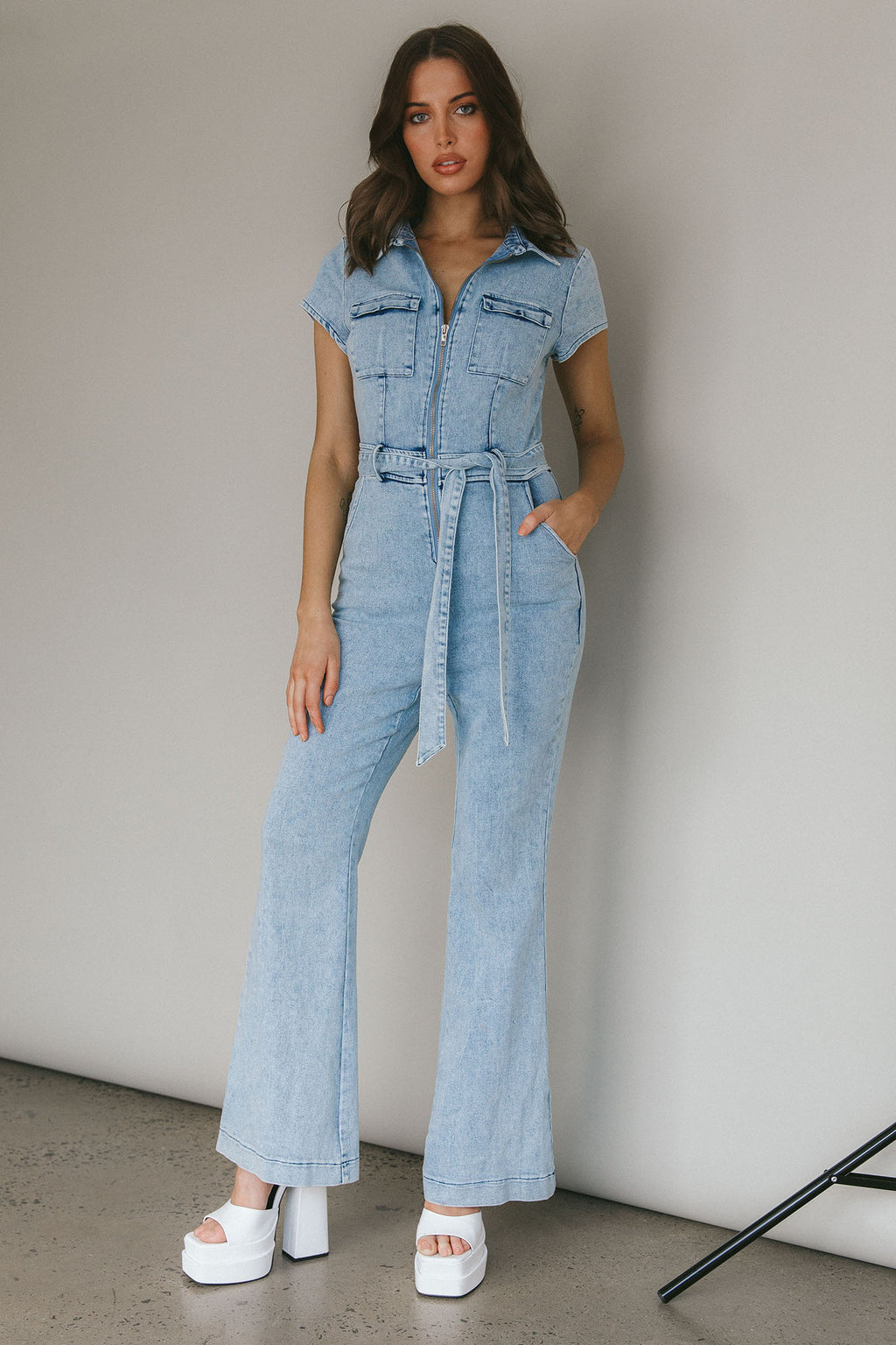 California Girl Short Sleeve Waist Tie Jumpsuit Denim Blue by Selfie Leslie