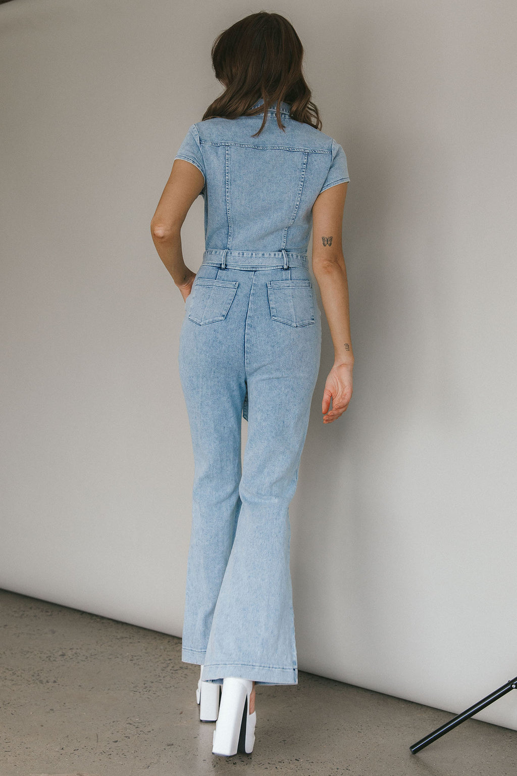 California Girl Short Sleeve Waist Tie Jumpsuit Denim Blue by Selfie Leslie