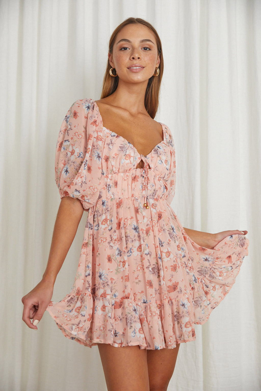 Vista Del Mar Tied Bust Mini Dress Floral Pink by Selfie Leslie