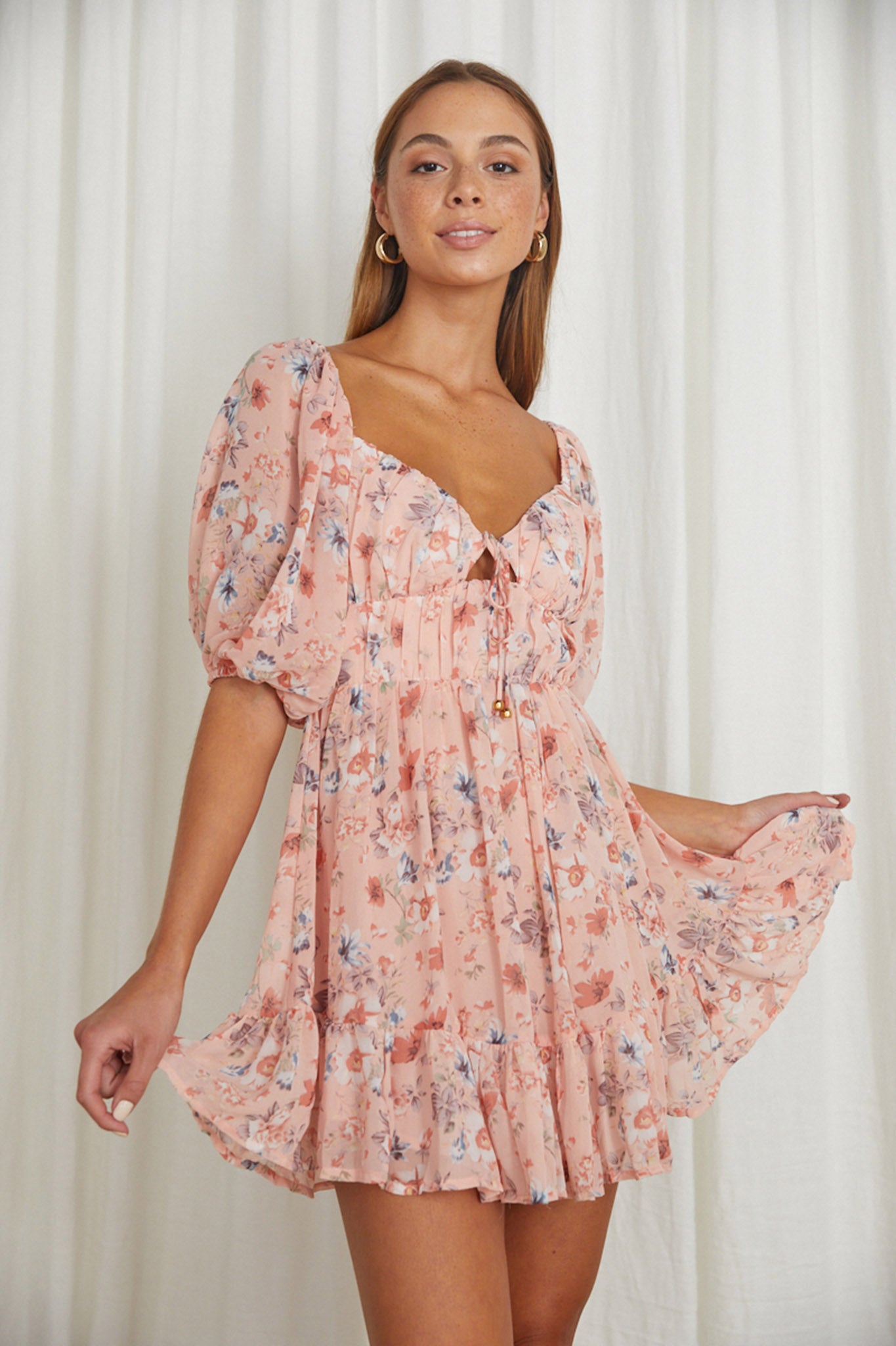 Vista Del Mar Tied Bust Mini Dress Floral Pink by Selfie Leslie