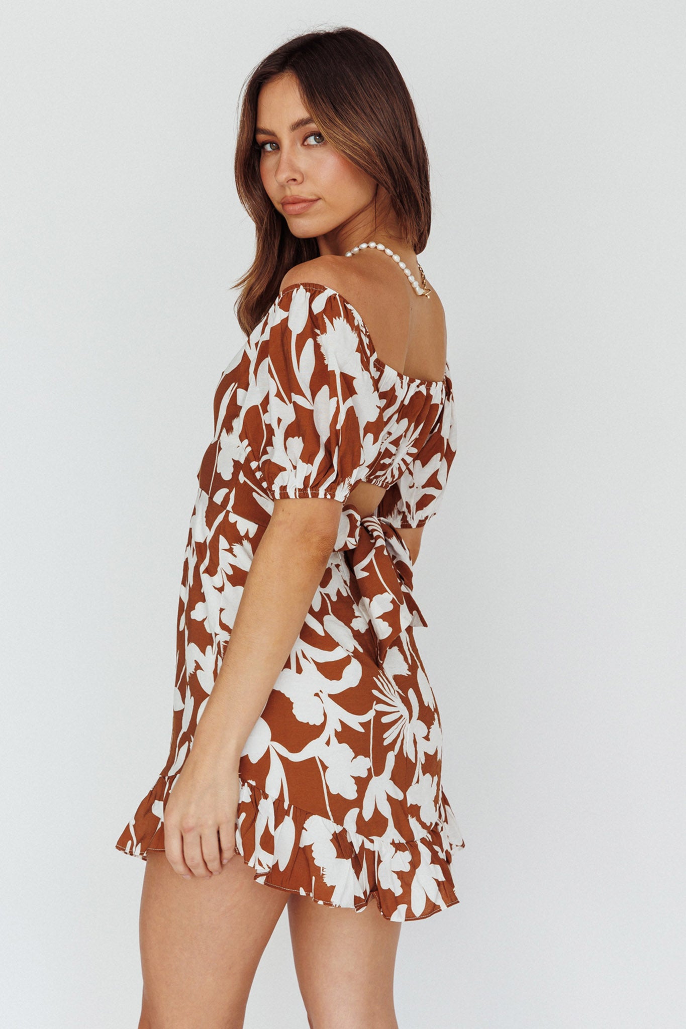 Palm Beach Puff Sleeve Dress Printed Tan by Selfie Leslie